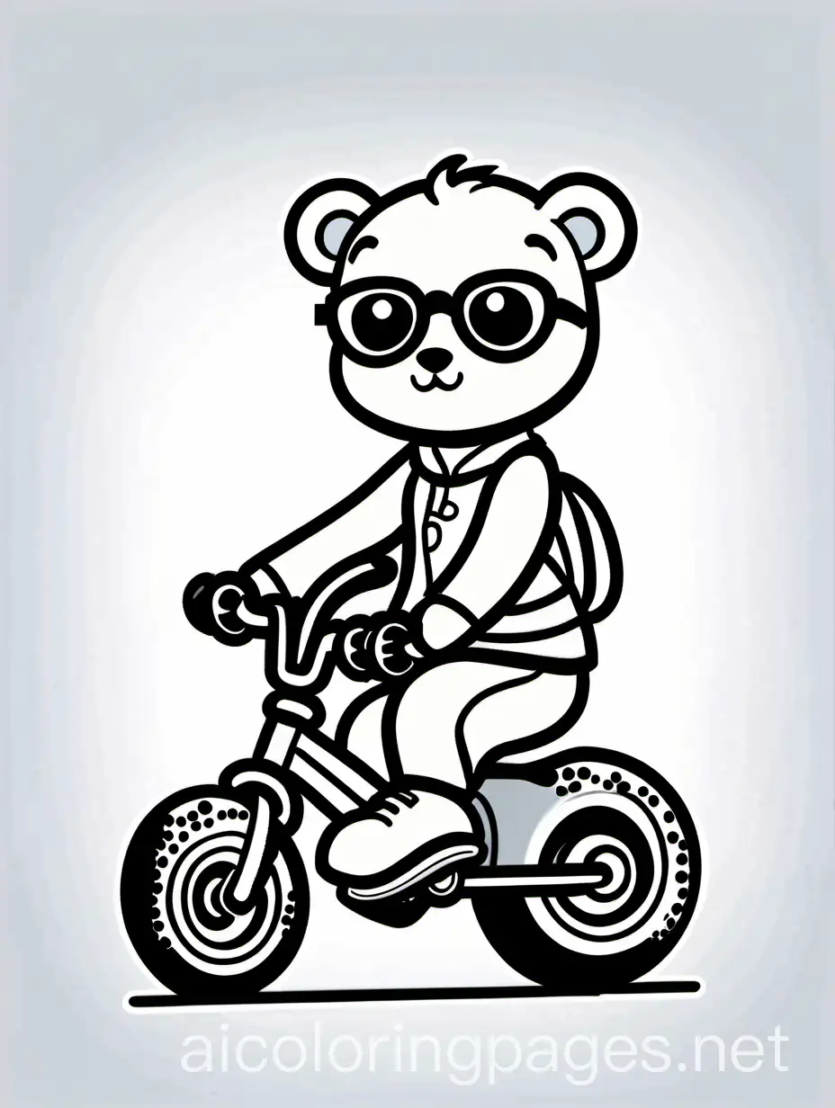"""Little panda wearing glasses, coloring page, black and white, riding a bicycle, calligraphy, white background, simplicity, wide white space. The background of the coloring page is plain white to make it easier for young children to color within the lines. The outlines of all the topics are easy to distinguish, making it easy for children to color without much difficulty, coloring page, black and white, line art, white background, simplicity, wide white space. The background of the coloring page is plain white to make it easier for young children to color within the lines. The outlines of all the themes are easy to distinguish, making it easy for children to color them without much difficulty, Coloring Page, black and white, line art, white background, Simplicity, Ample White Space. The background of the coloring page is plain white to make it easy for young children to color within the lines. The outlines of all the subjects are easy to distinguish, making it simple for kids to color without too much difficulty"""