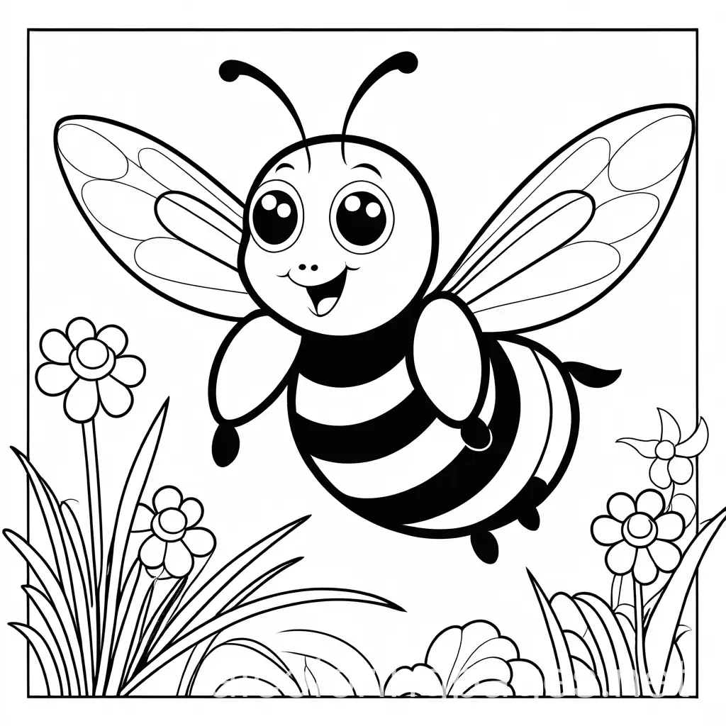 cartoon flying bumble bee, Coloring Page, black and white, line art, white background, Simplicity, Ample White Space. The background of the coloring page is plain white to make it easy for young children to color within the lines. The outlines of all the subjects are easy to distinguish, making it simple for kids to color without too much difficulty