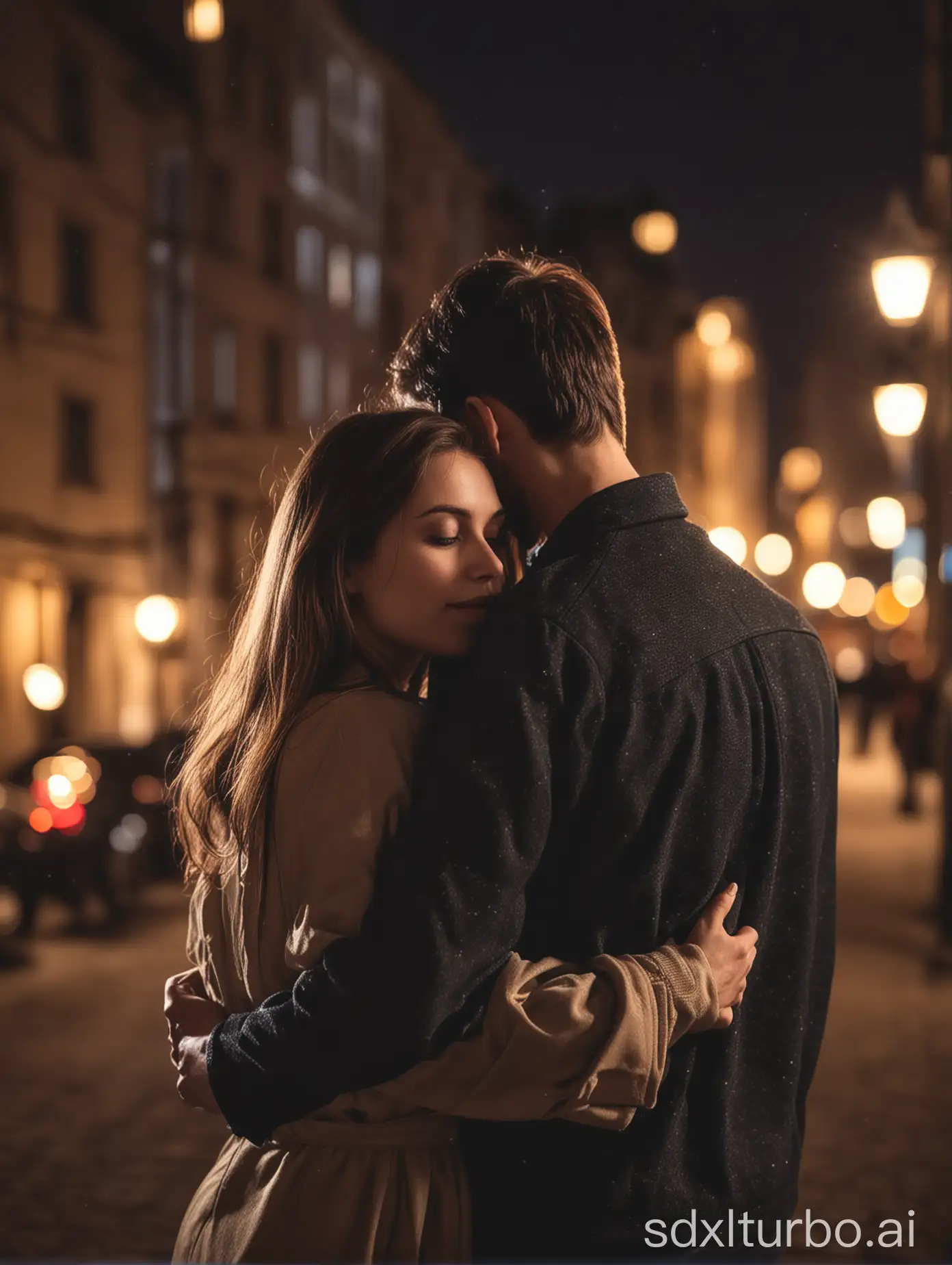 woman and a man hugging, romantic, background city light bokeh, back view, view from the back