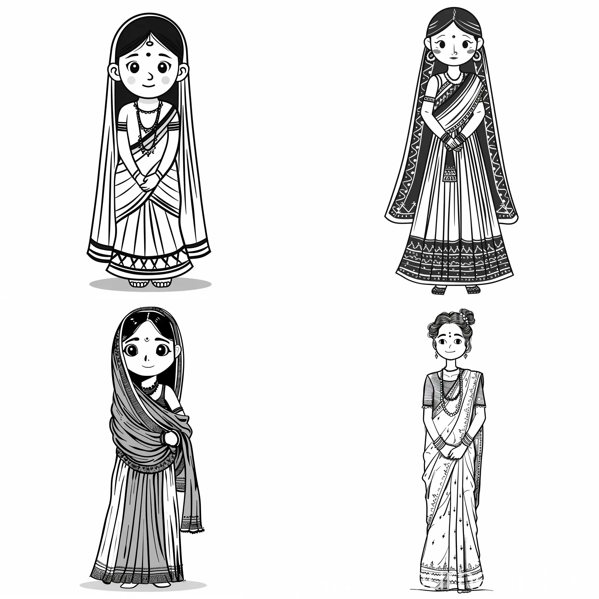 Indian-Girl-in-Traditional-Sari-Elegant-Line-Art-Illustration