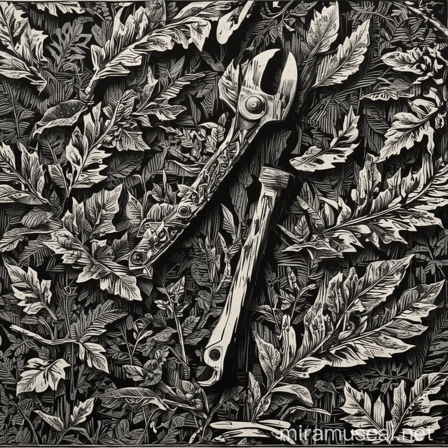 Organic Forest Floor Linoleum Block Print with Wrench Covered in Leaves