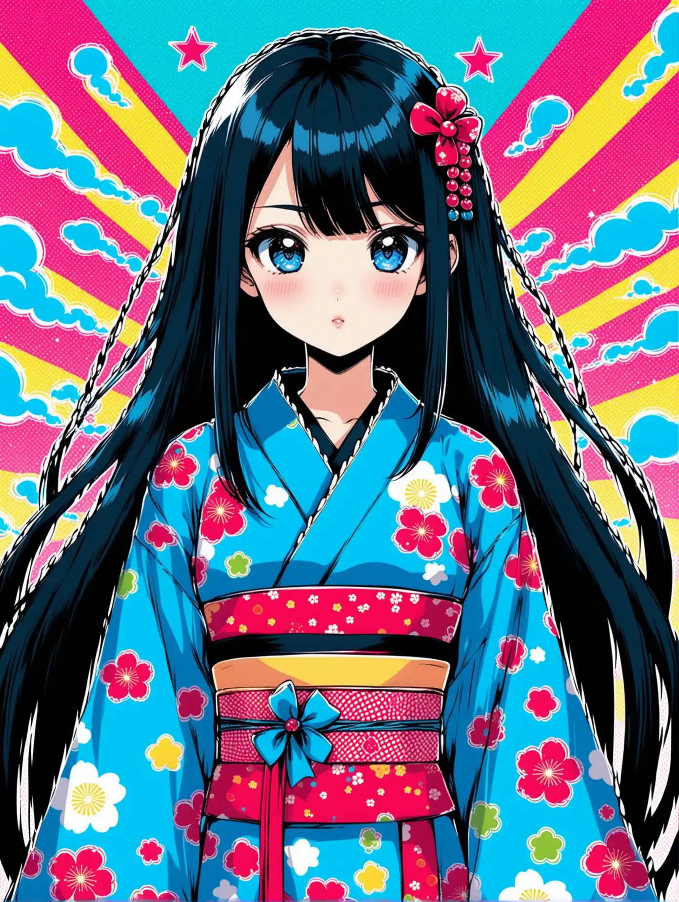 a anime girl with lots of blue and black colors adorned with long black hair in Japanese pop art kawaii