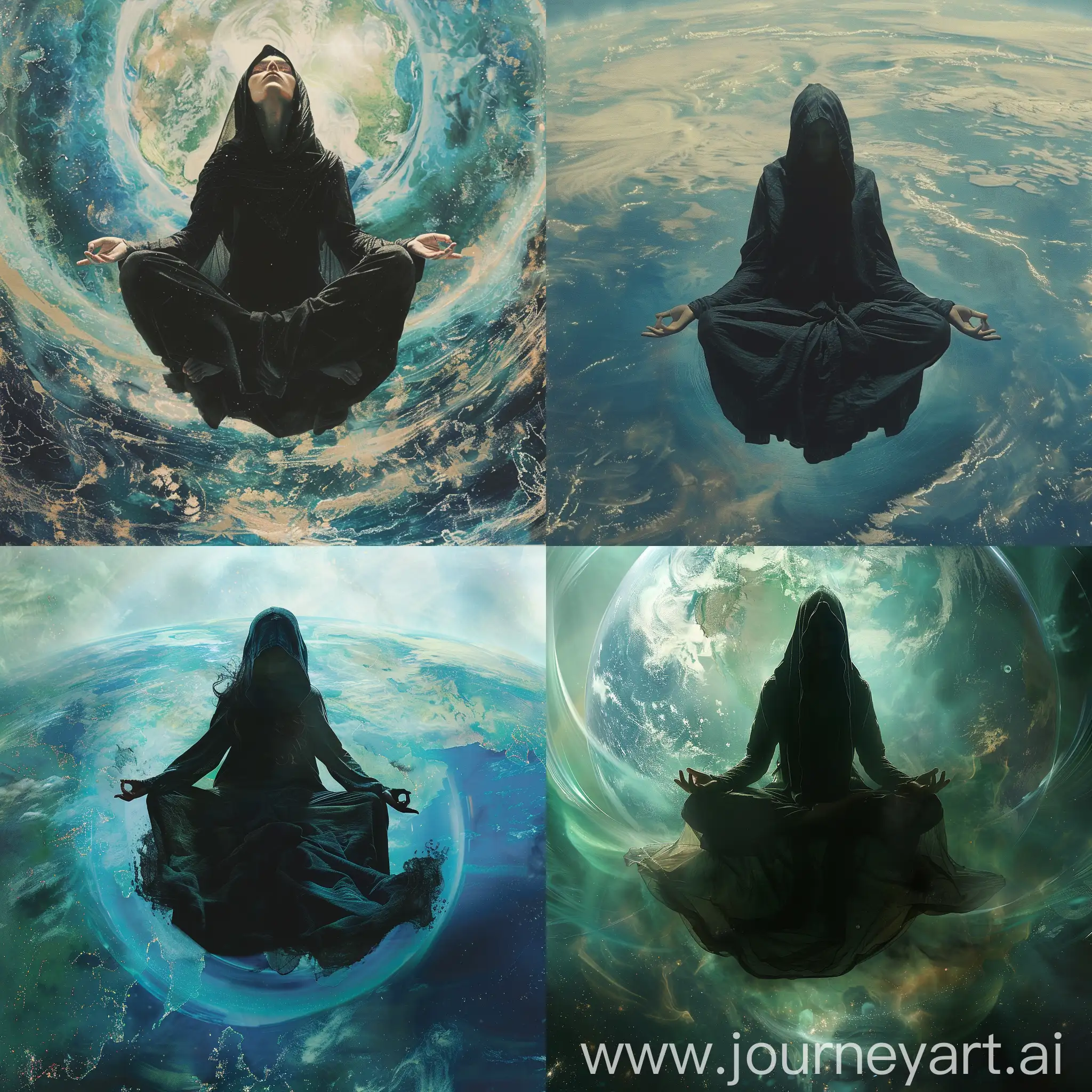 A woman in a flowing black robe and baggy pants, with a hood obscuring her face, levitates in padmasana (lotus position) high above a swirling blue and green Earth. The scene is bathed in ethereal light, with the woman's body appearing semi-transparent, as if she is becoming invisible. The air around her shimmers with a subtle energy, hinting at her focus on achieving invisibility. The Earth below appears smaller and distant, emphasizing the woman's elevated state of being. The focus is on the woman's serene expression and the subtle yet impactful display of her magical abilities.