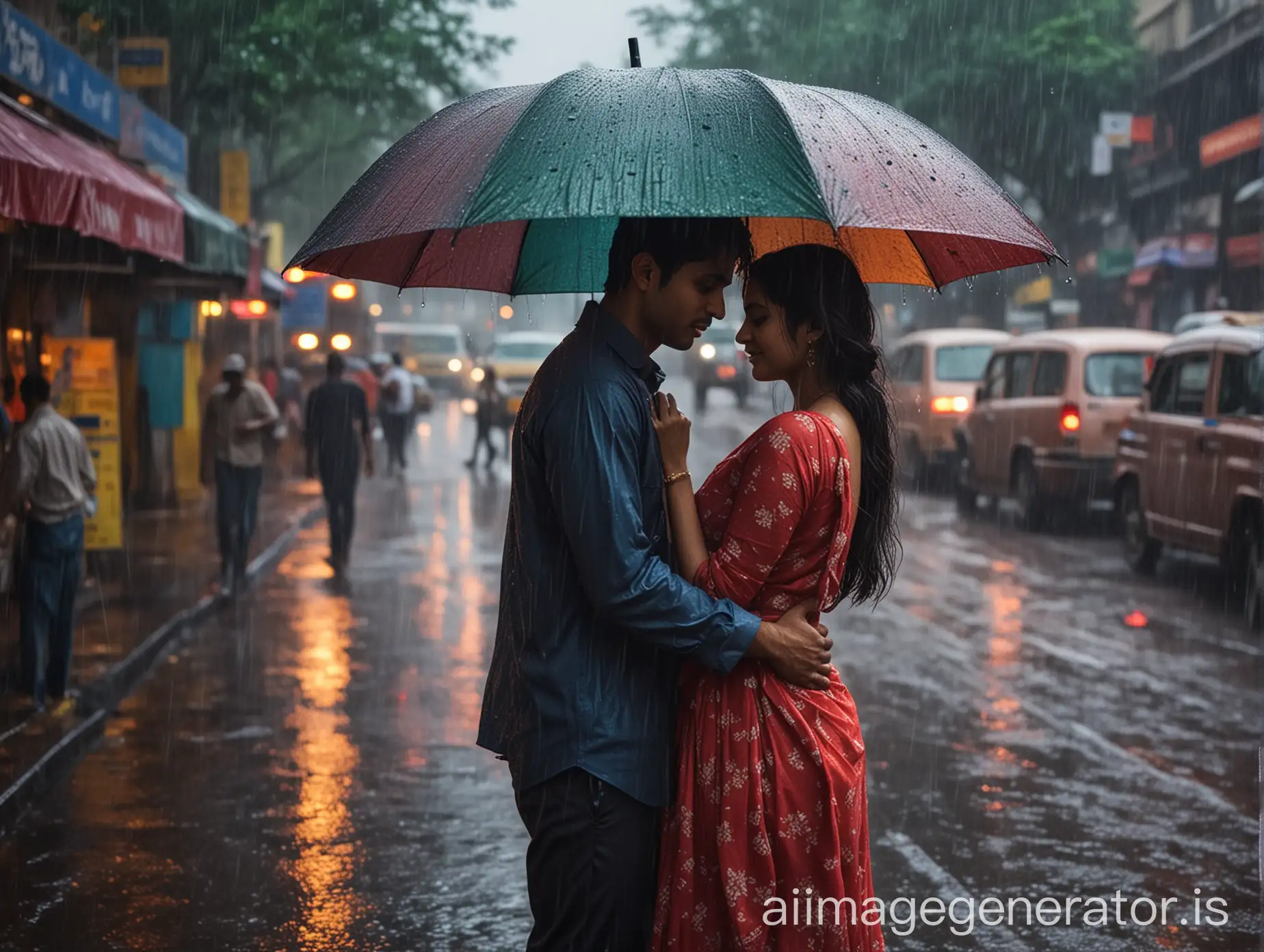**Prompt:**

Create a photo depicting a young Indian couple hugging each other under an umbrella during a heavy rain at a busy four-road crossing signal in Mumbai, India. The scene should capture the essence of a bustling Mumbai street with traffic, including cars, bikes, and auto-rickshaws. The rain should be pouring down heavily, creating a dramatic and romantic atmosphere. The couple should be the focal point, with their emotions clearly visible as they hold each other close, oblivious to the chaos around them. 

The style should be reminiscent of a Bollywood movie poster with vibrant colors and dramatic lighting. Add a title at the top of the image that reads "Love in Rain" in a stylish Bollywood font, giving it a cinematic feel. 

Ensure the background includes iconic elements of Mumbai, such as old buildings, street vendors, and neon signs, to enhance the authenticity of the setting.