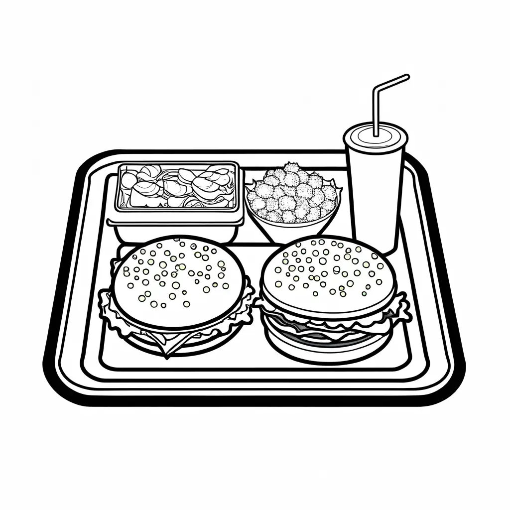 DINER FOOD SERVED IN A TRAY, Coloring Page, black and white, line art, white background, Simplicity, Ample White Space. The background of the coloring page is plain white to make it easy for young children to color within the lines. The outlines of all the subjects are easy to distinguish, making it simple for kids to color without too much difficulty