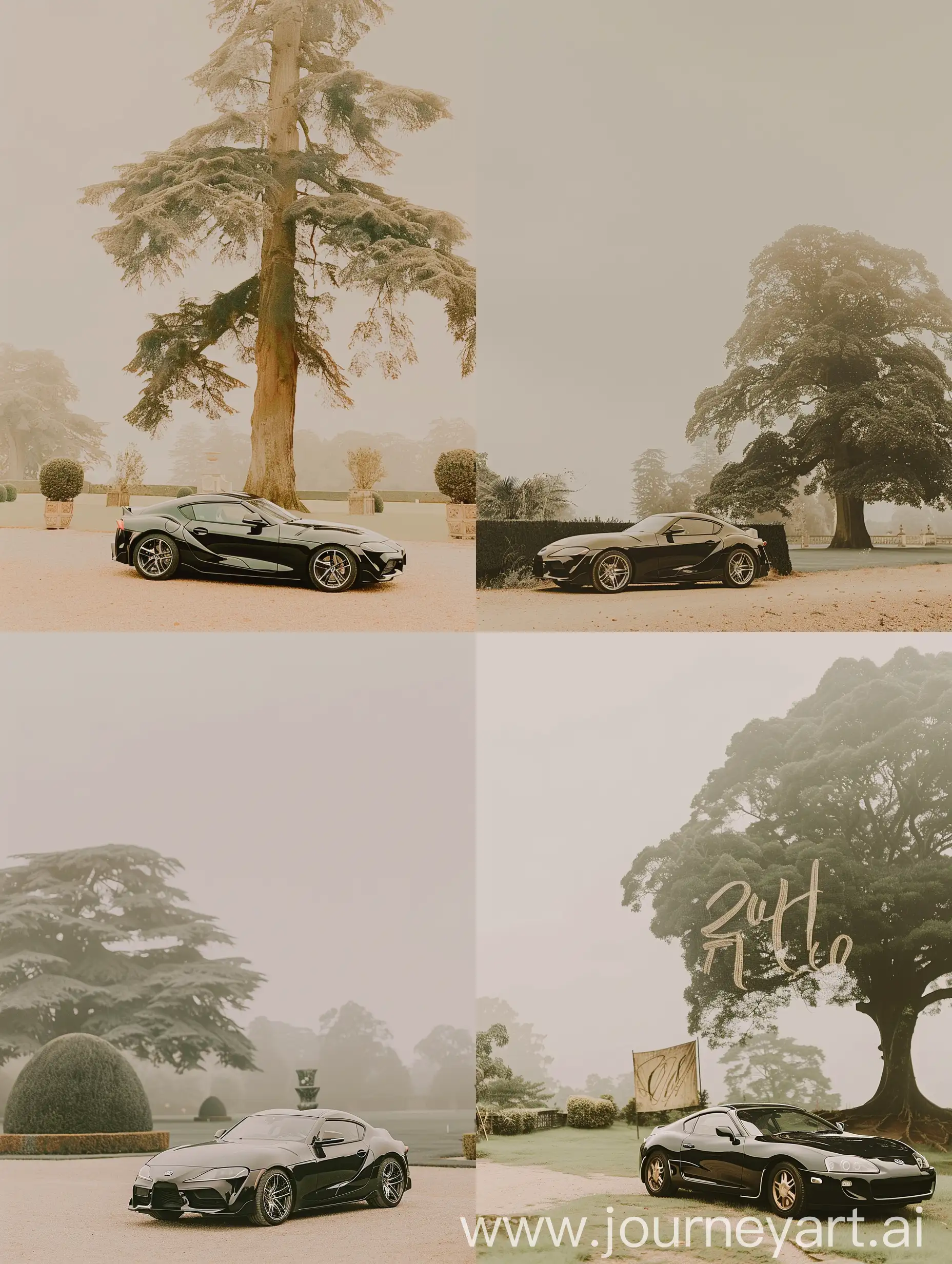 A full body shot of a black Supra mk4 in a palace garden and next to it a rather huge tree, beautiful nature, picturesque nature, the atmosphere is a bit cloudy, it makes you feel nostalgic, what is behind the car is not foggy --ar 3:4 --s 50 --v 6 --sref 1649294578