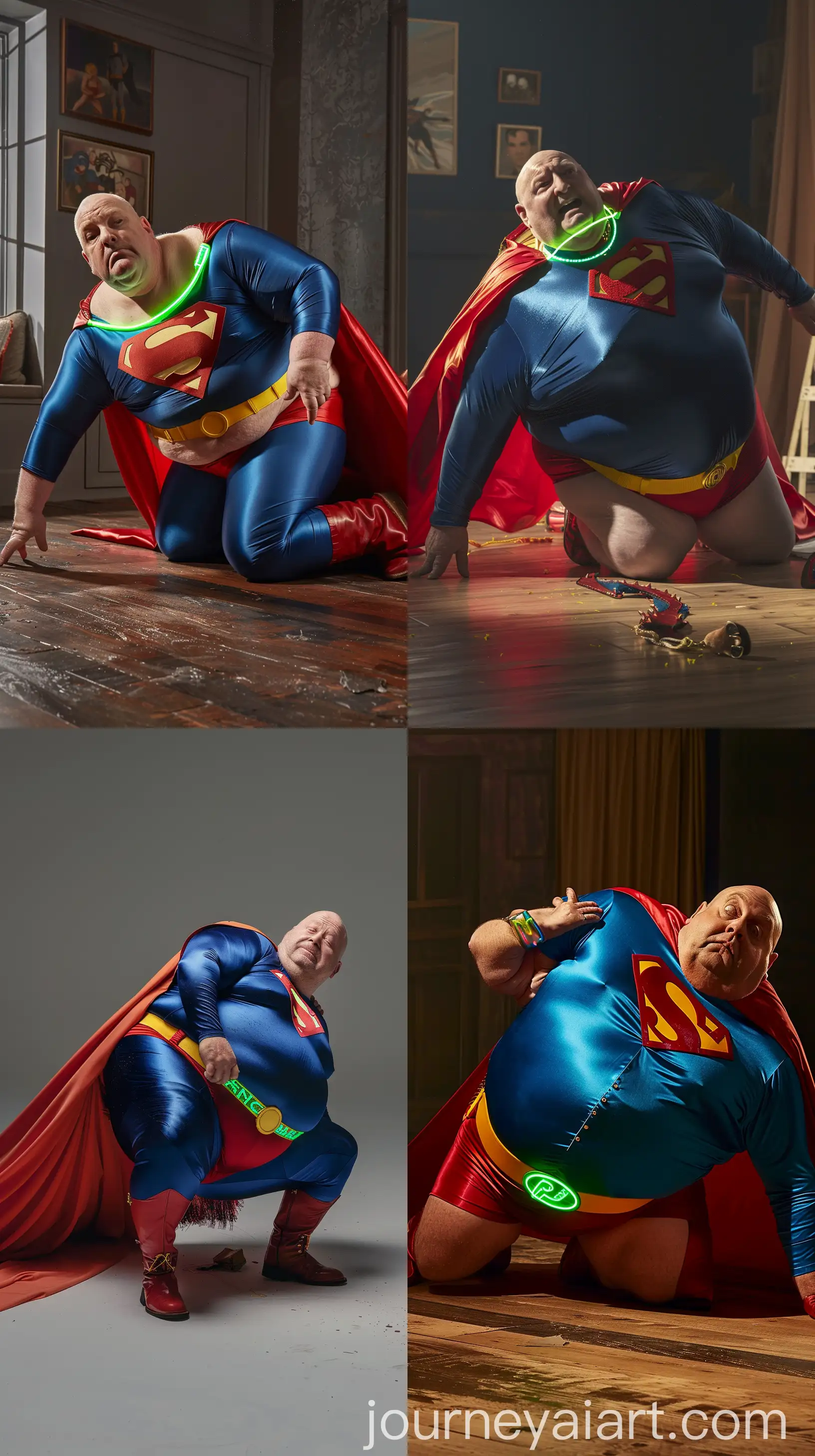 Elderly Man in Vintage Superman Costume Kneeling on Floor | Journey AI Art