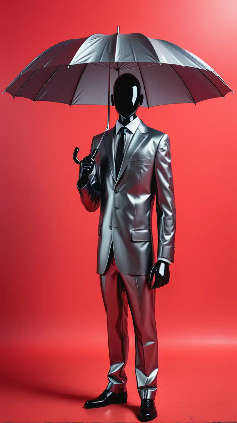  гордый хромовый силуэт  мужчины в костюме 
  с зонтом на красном фоне плакат   постер афиша ракурс снизу гордая поза  человек сделанный из хрома