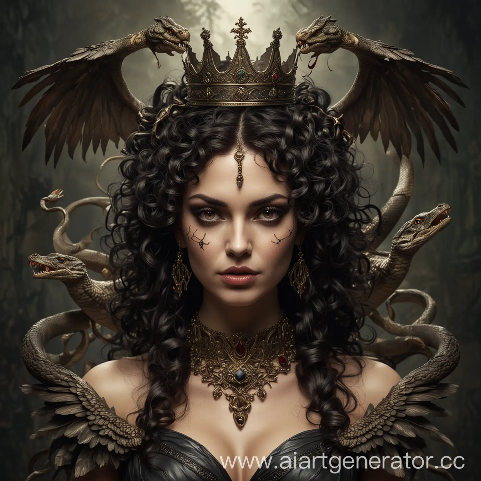 Mysterious-Queen-with-Dark-Curls-Crown-and-Serpentine-Companions