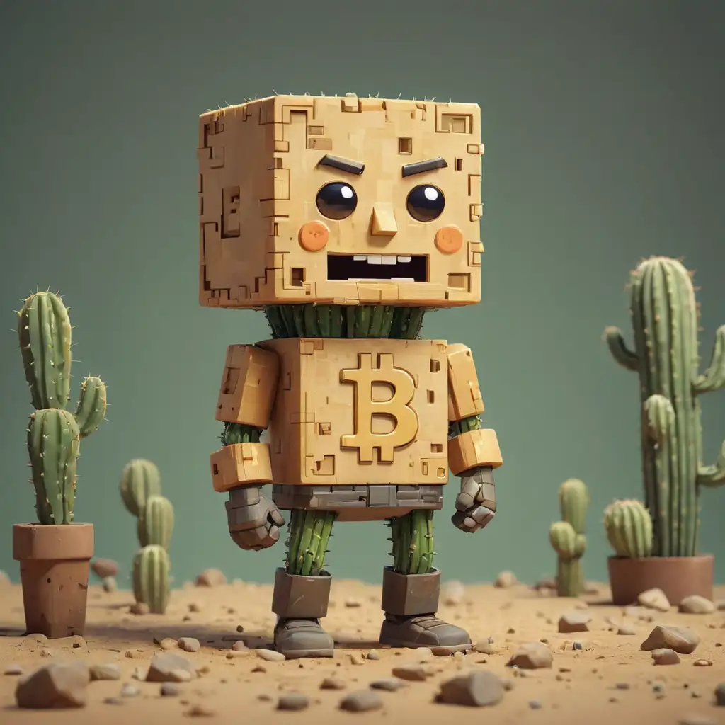 Pixelated Bitcoin Man Drawing with Flumaster Next to Cactus with Legs