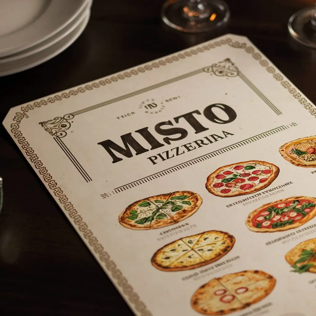 Vintage Misto Pizzeria Menu with Elegant Decorated Edge A4 Size