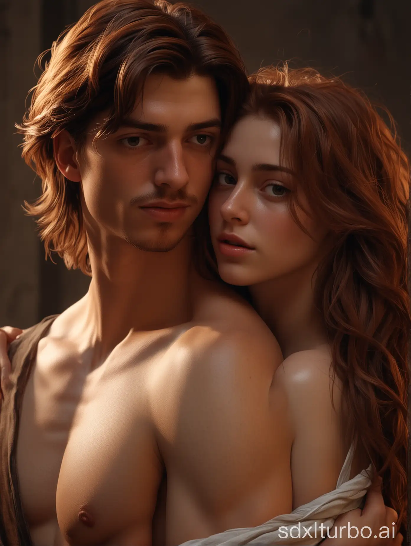 A handsome young guy with long brown hair, stripped to his waist, clutched in his arms a beautiful girl with russet hair just below her shoulders, without any clothes They are experiencing pleasure, perfect composition, beautiful detailed intricate insanely detailed octane render trending on artstation, 8 k, photorealistic concept art, soft natural volumetric cinematic perfect light, chiaroscuro,  masterpiece, caravaggio, greg rutkowski