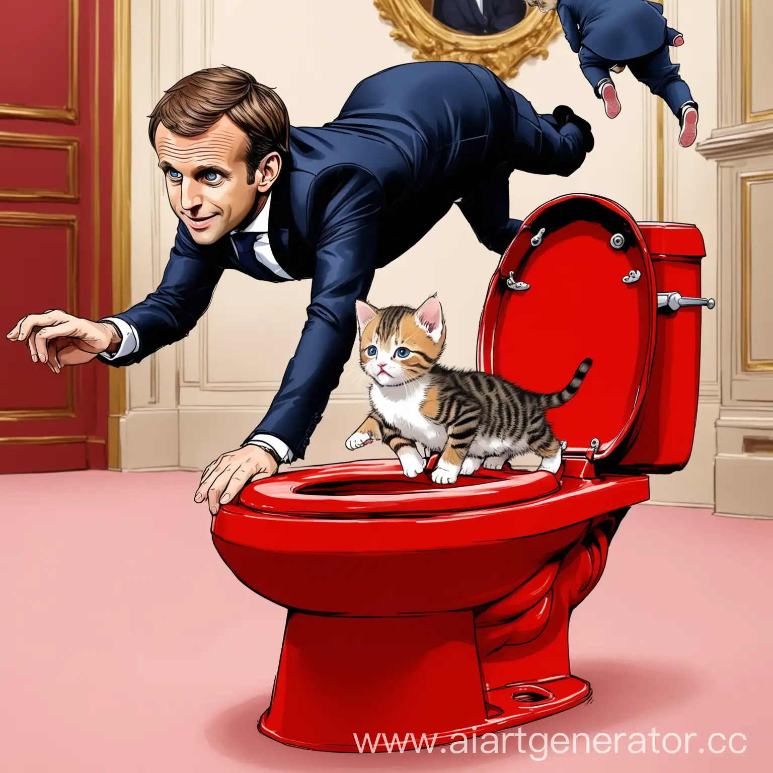 Playful-Kitten-with-Mother-Cat-and-Surprising-Guest-on-Red-Toilet