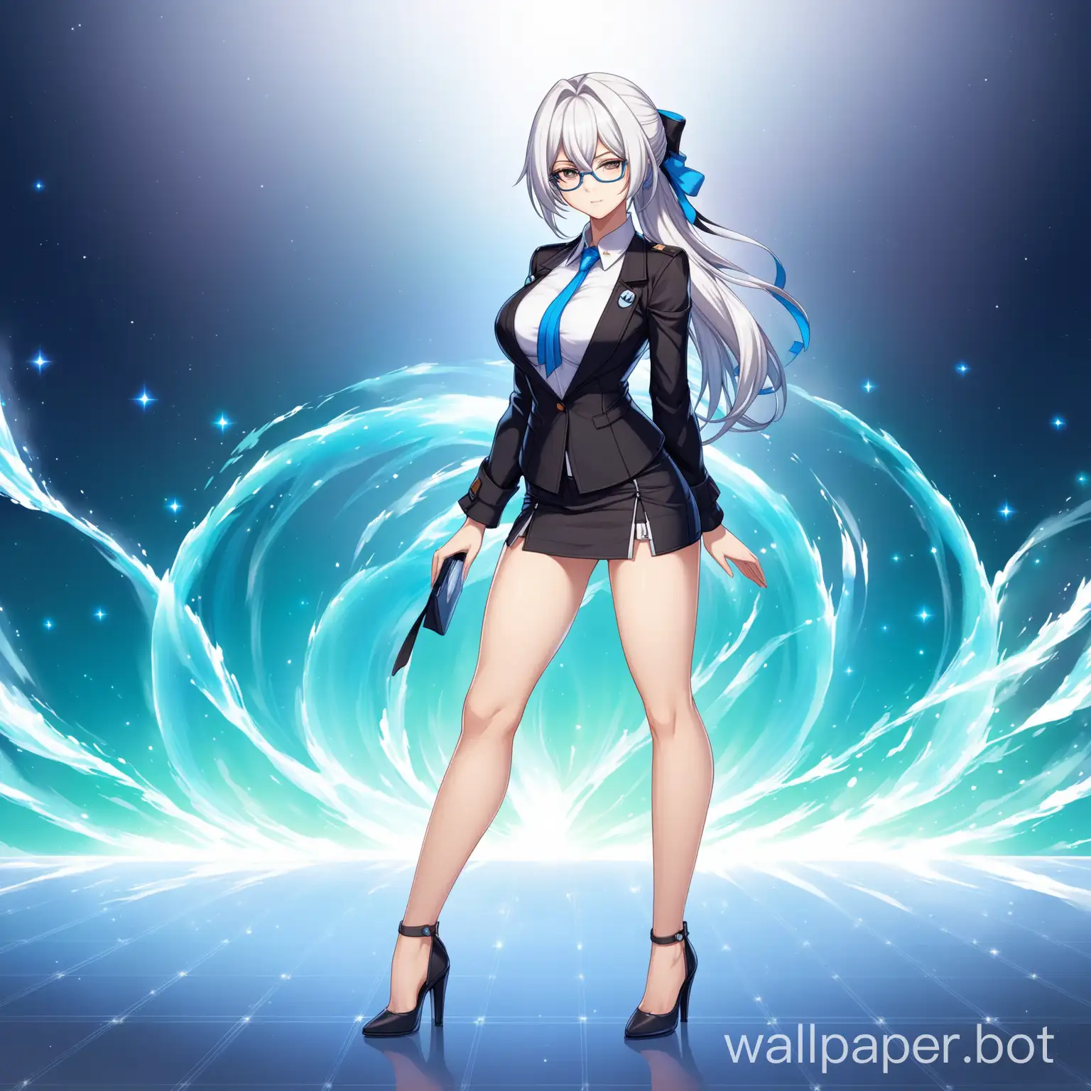 Bronya from Honkai Star Rail, white hair, perfect body, sexy office clothing, very short skirt, with glasses, full body view.  mist aura around body.