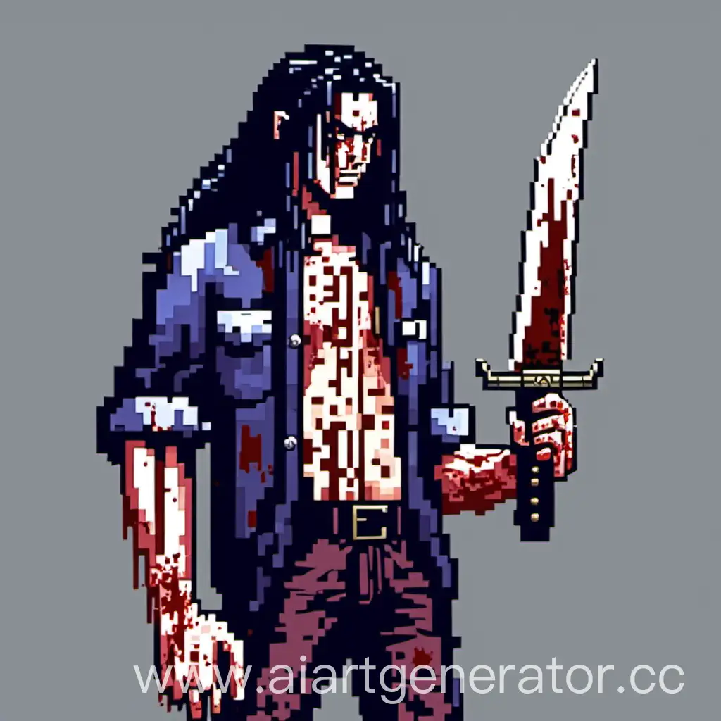 Пиксельный, длинноволосый персонаж держит окровавленный нож в руке