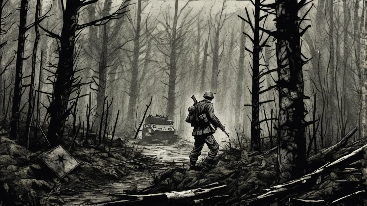 Одинокий партизан прячется в лесу от немецких солдат, вторая мировая война. Арт в стиле игры This War of Mine