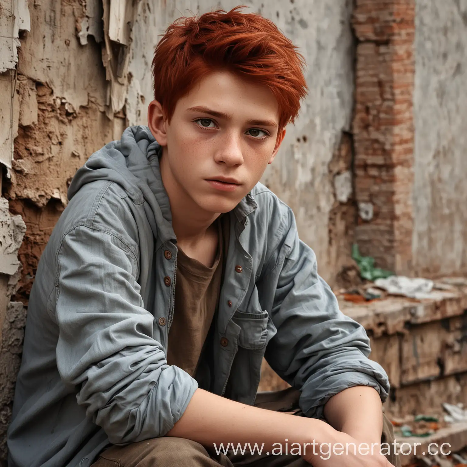 создай реалистичного мальчика, с рыжими волосами и карими глазами, 16 лет, он должен сидеть на фоне заброшенного задания