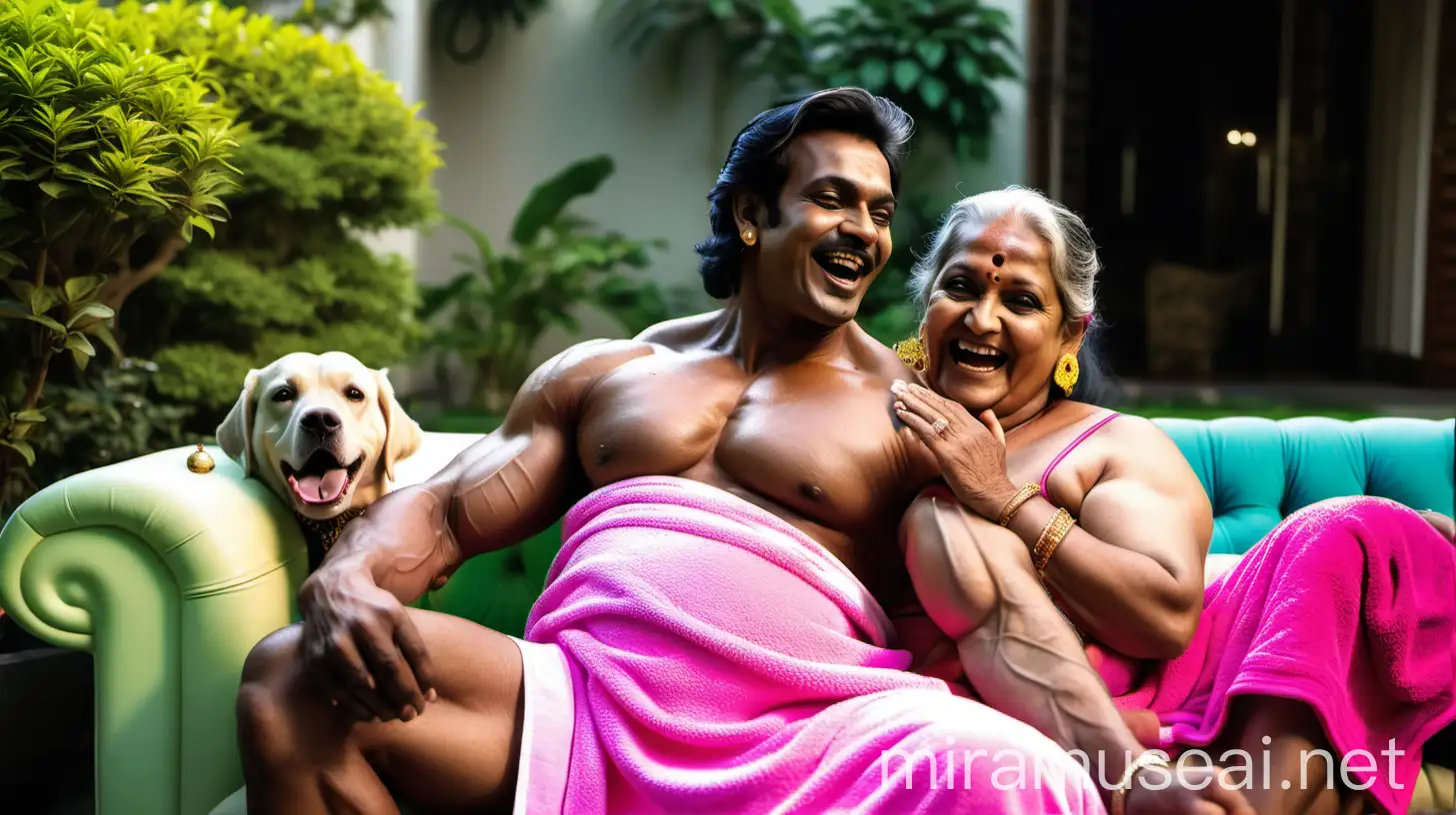 a 23 years indian muscular bodybuilder man is sitting with a 53 years  indian beautiful mature fat 
 pregnant woman  with high volume hair and makeup wearing earrings and gold ornaments   with open hair style   . both are wearing wet neon lemon pink bath towel and  they are sitting in a luxurious garden court yard on a luxurious colorful sofa ,and are happy and shaming. and Labrador Retriever
Dog breed is near them.  . a lot of sweet foods are on plate on a glass table , its a night  time and a lots of lights are there.  
