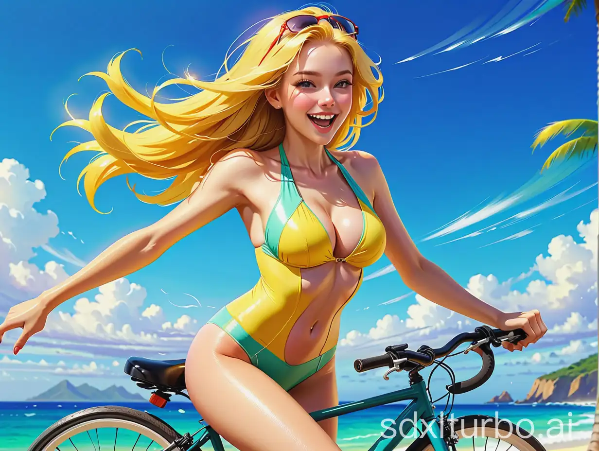 Sexy yellow-haired woman riding a bicycle excitedly, wearing sexy swimsuit, animation style