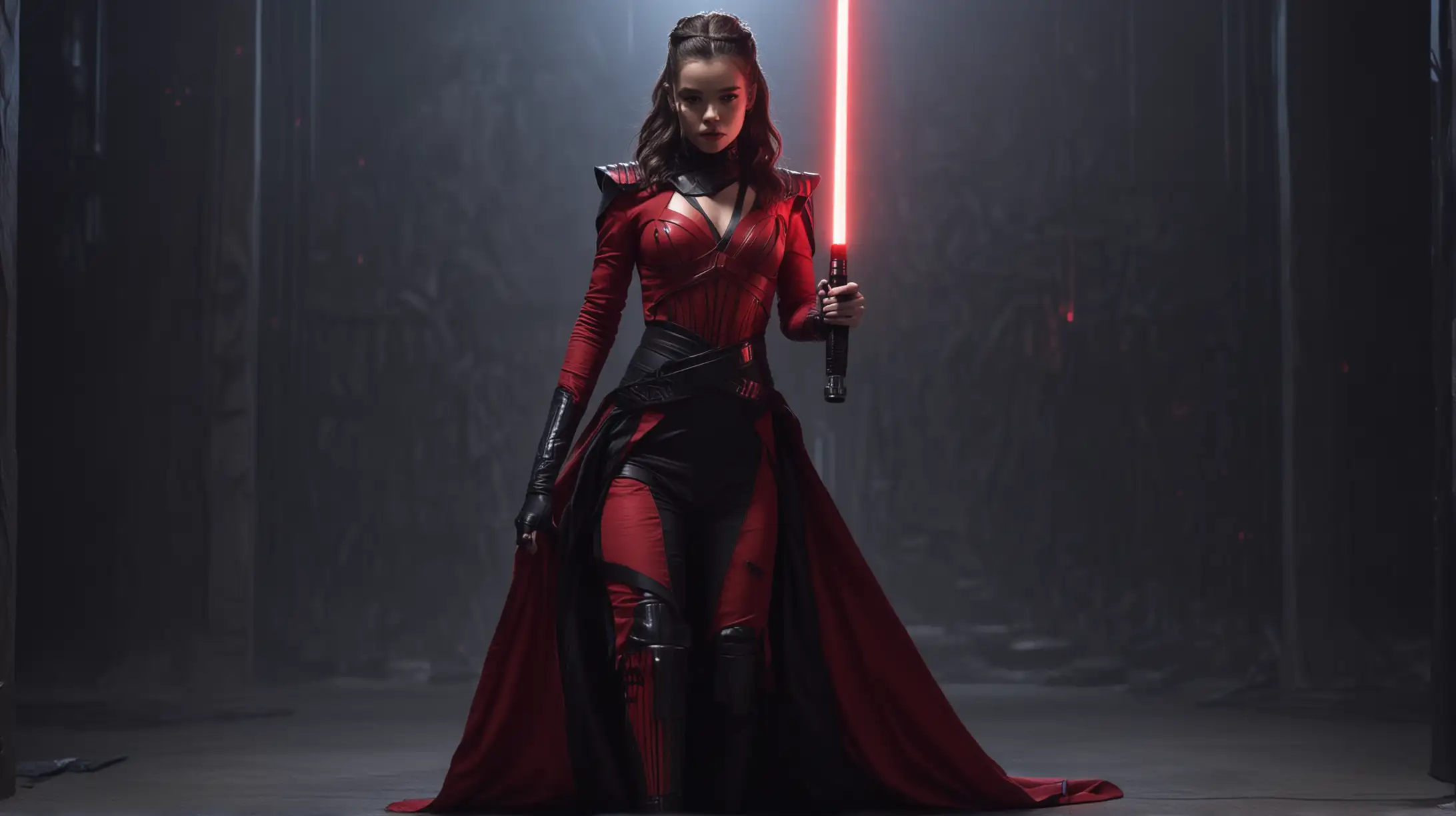 Hailee Steinfeld as Sith Queen, sexy black and red clothes, alone, lightsaber