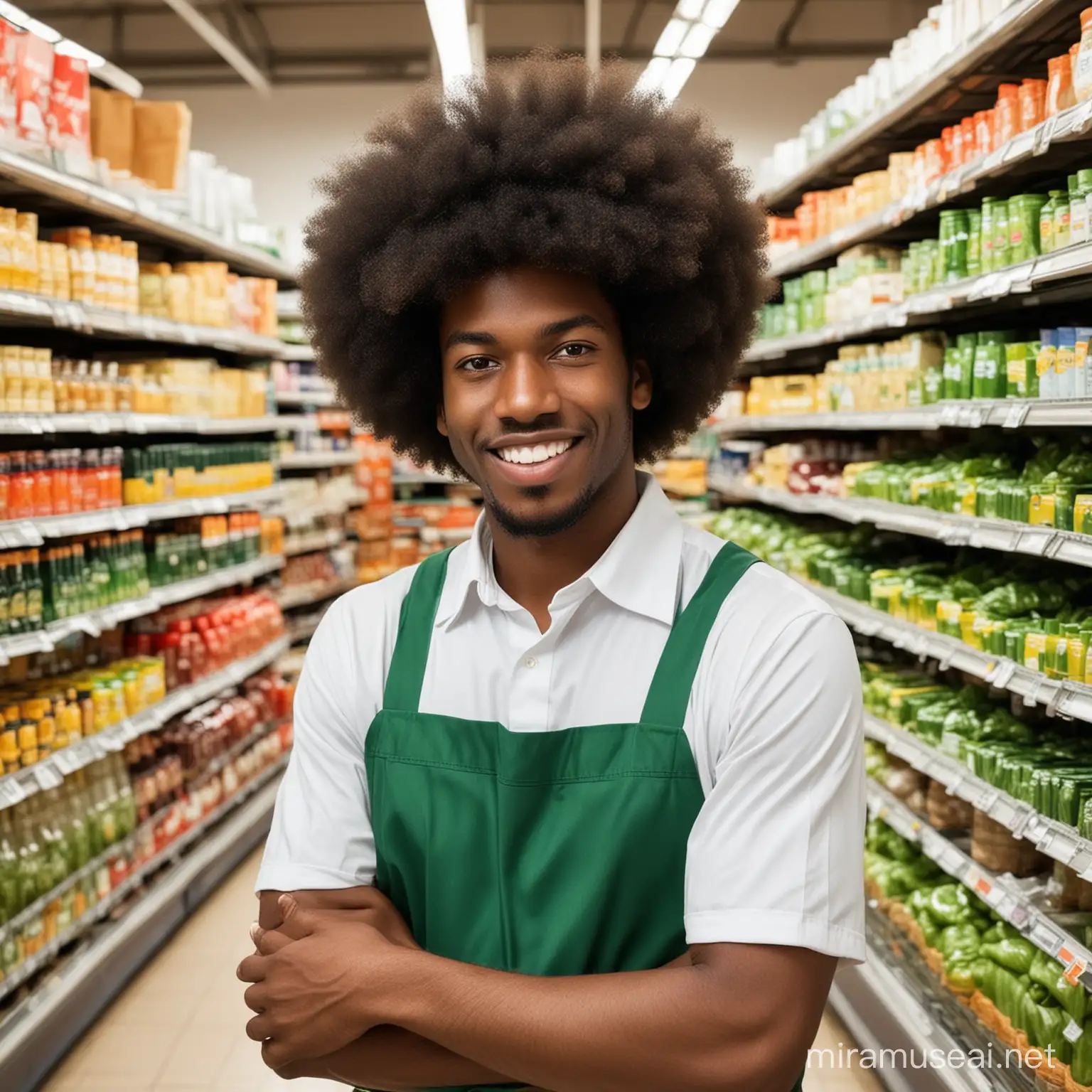 I NEED A PICTURE OF AN AFRO MAN SUPERMARKET WORKER WITH GREEN CASMISA

