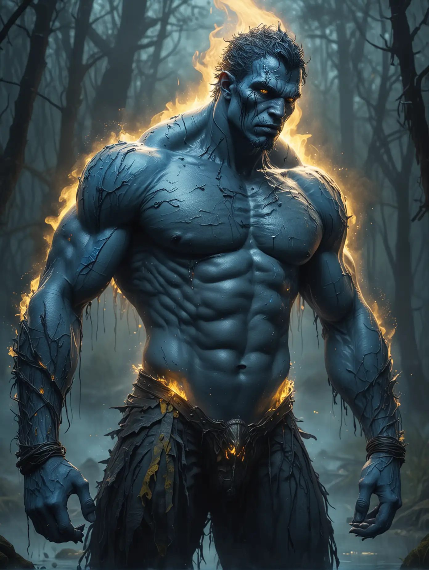 Handsome Blue Swamp Man in Thong Gazing Intensely