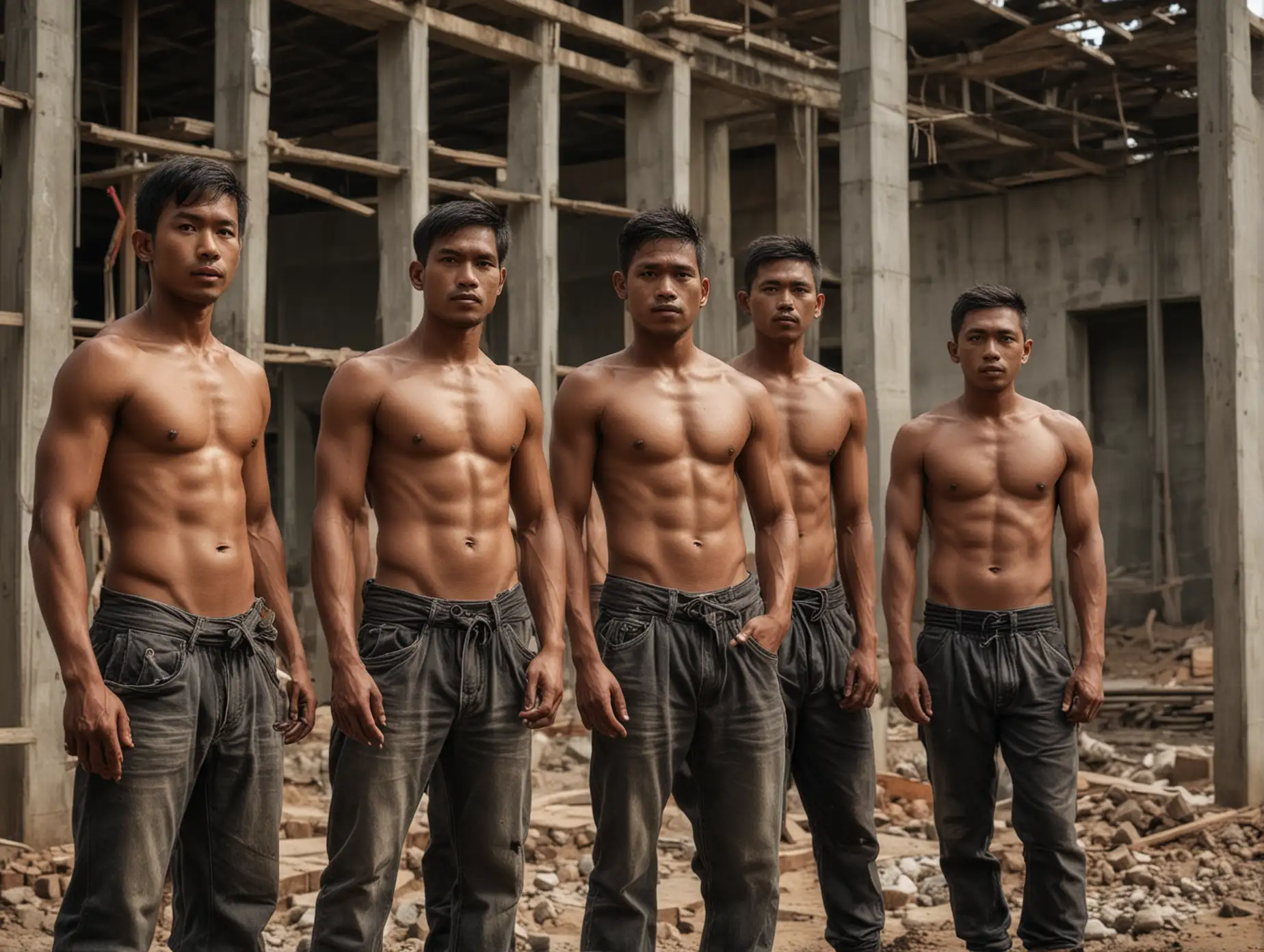 five Indonesian men, 30 years old, shirtless, dark skinned, thin, standing in a building construction