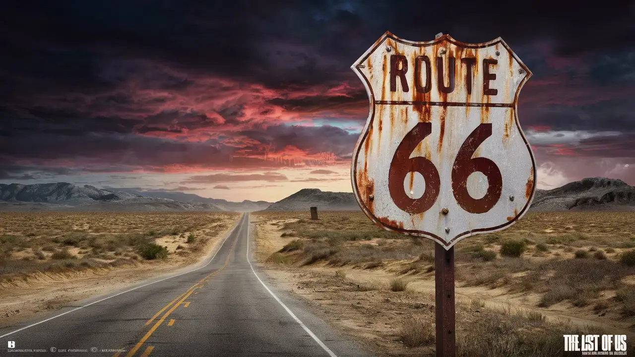 the last of us, california desert road with a rusty route 66 sign