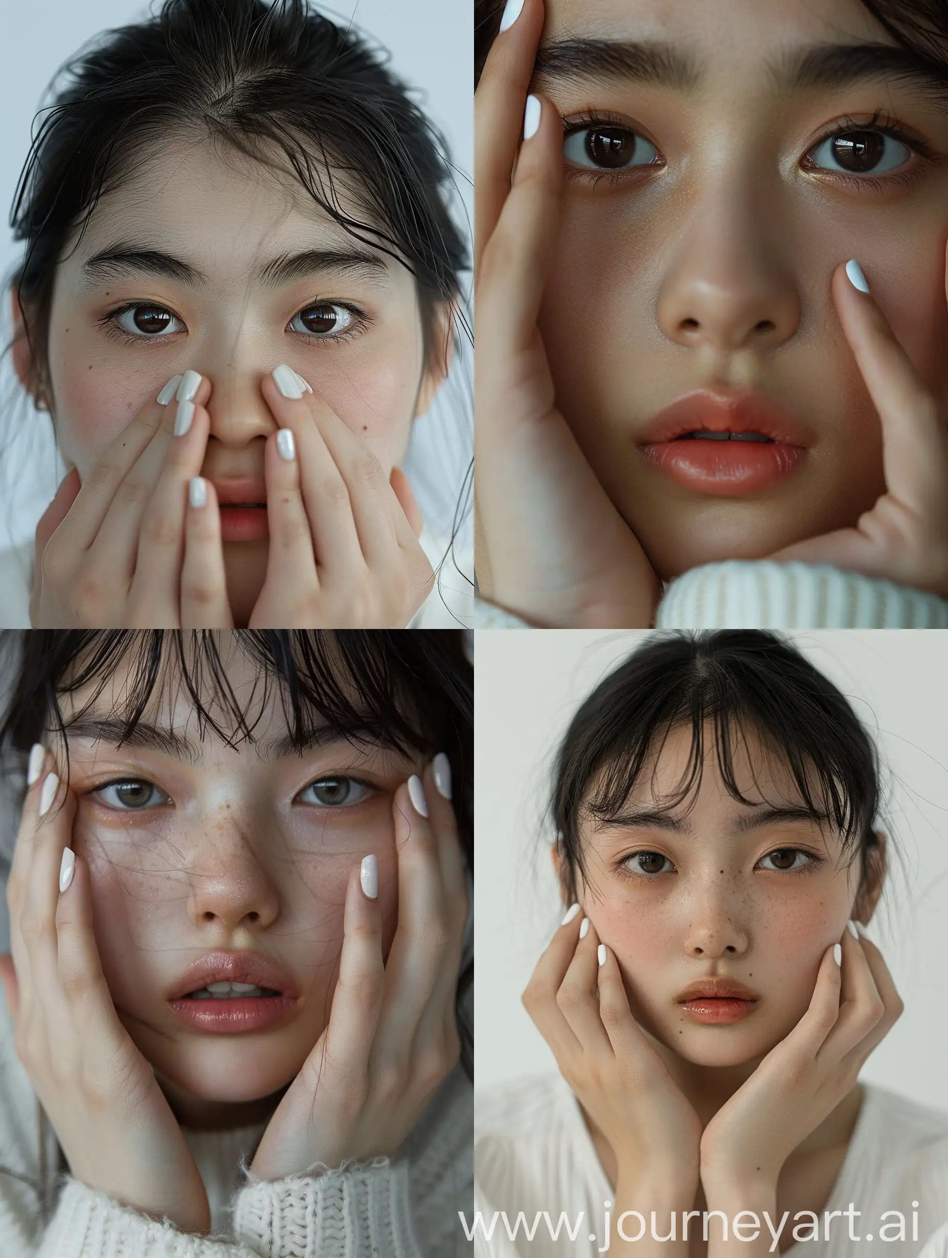 Photograph: Professional portrait of a Japanese 15 year old girl, bushy eyebrows, somber look, broad and big nose, top model, hands cover part of face, white gel nail polish