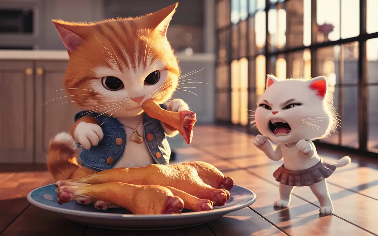 The cute little orange cat is wearing a denim vest and is carefully eating chicken legs. The white cat girl wearing a skirt next to her was crying angrily. In the corner of the kitchen, sunlight pours into the room through the floor-to-ceiling windows. A combination of Disney style and realism.