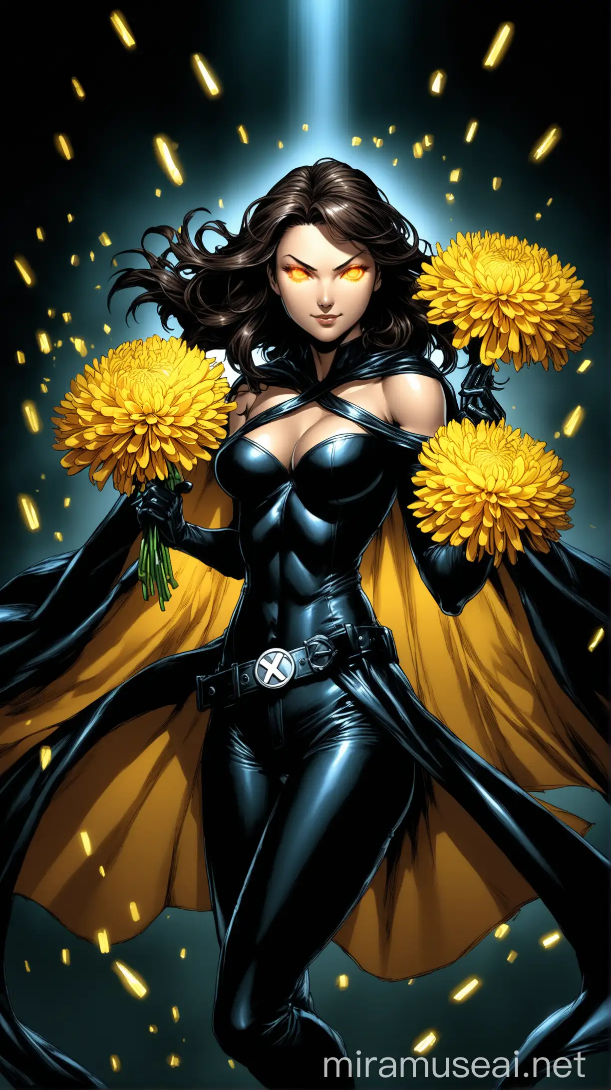 Beautiful woman, in her late 20s, long dark brunette hair, glowing amber colored eyes, slightly curvy figure, wearing a off the shoulders black top with black pants, black leather gloves, a black off the shoulders flowing cape and a black leather belt with a big silver "X" emblem in the middle, she is in a dynamic telepath pose, smirking at the viewer, infront of a plain dark background with colorfull vibrant lights, infront of her a single bouquet of yellow chrysanthemum is floating in the air, drawn in the style of the artist Jim Lee, drawn as a comic book cover, dramatic lighting 