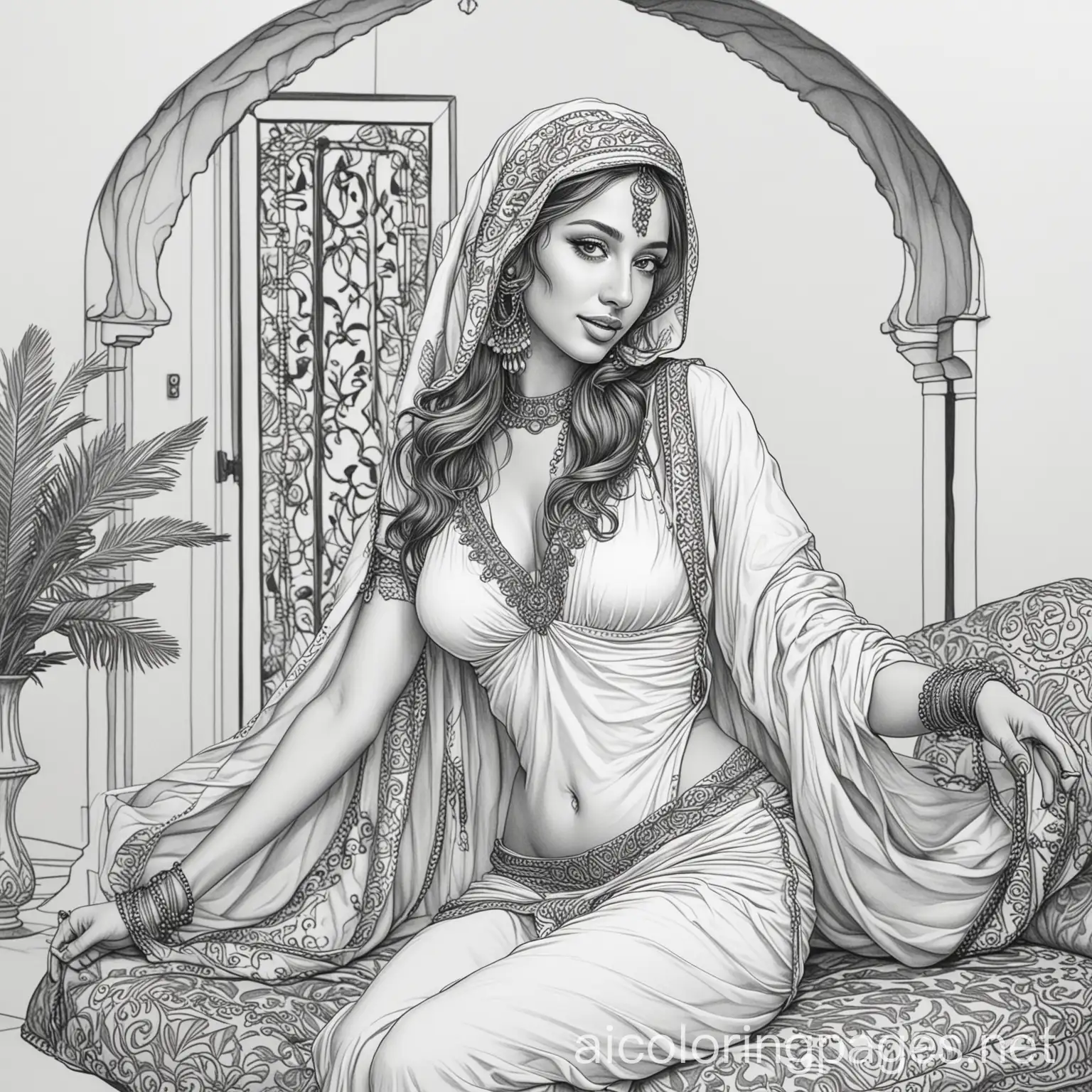 Brothel, prostitutes, Arabian, exotic, Coloring Page, black and white, line art, white background, Simplicity, Ample White Space. The background of the coloring page is plain white to make it easy for young children to color within the lines. The outlines of all the subjects are easy to distinguish, making it simple for kids to color without too much difficulty