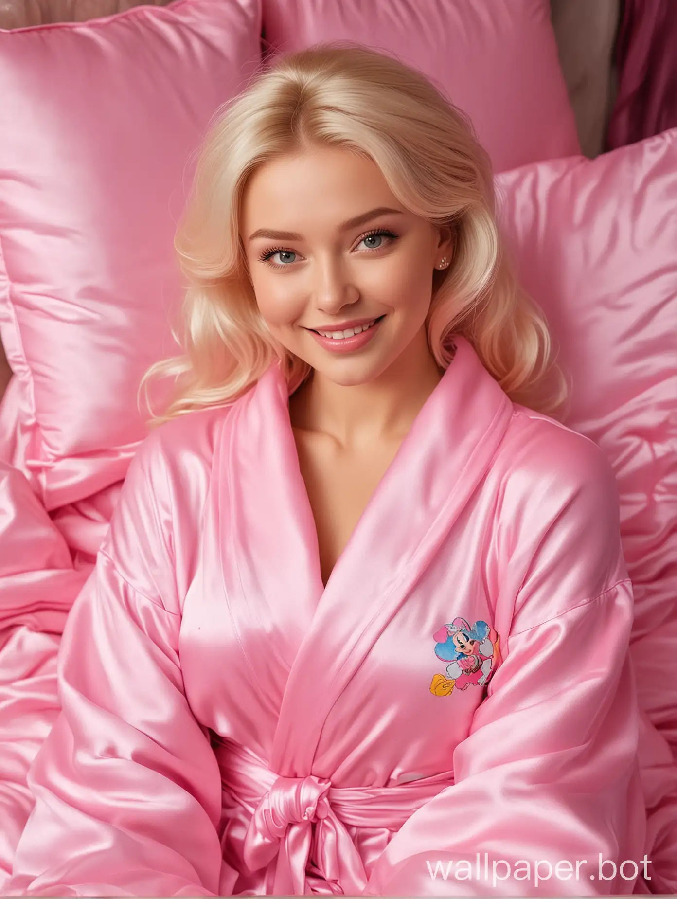 Realistic Russian Sweet Disney Cutie Alyonushka Smiling in Bright Pink Silk Robe relaxing in pink silk blanket and pillow