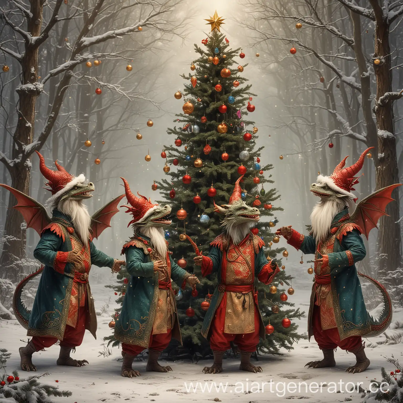 Три веселых дракона в новогодних шапках водят хоровод вокруг новогодней елки