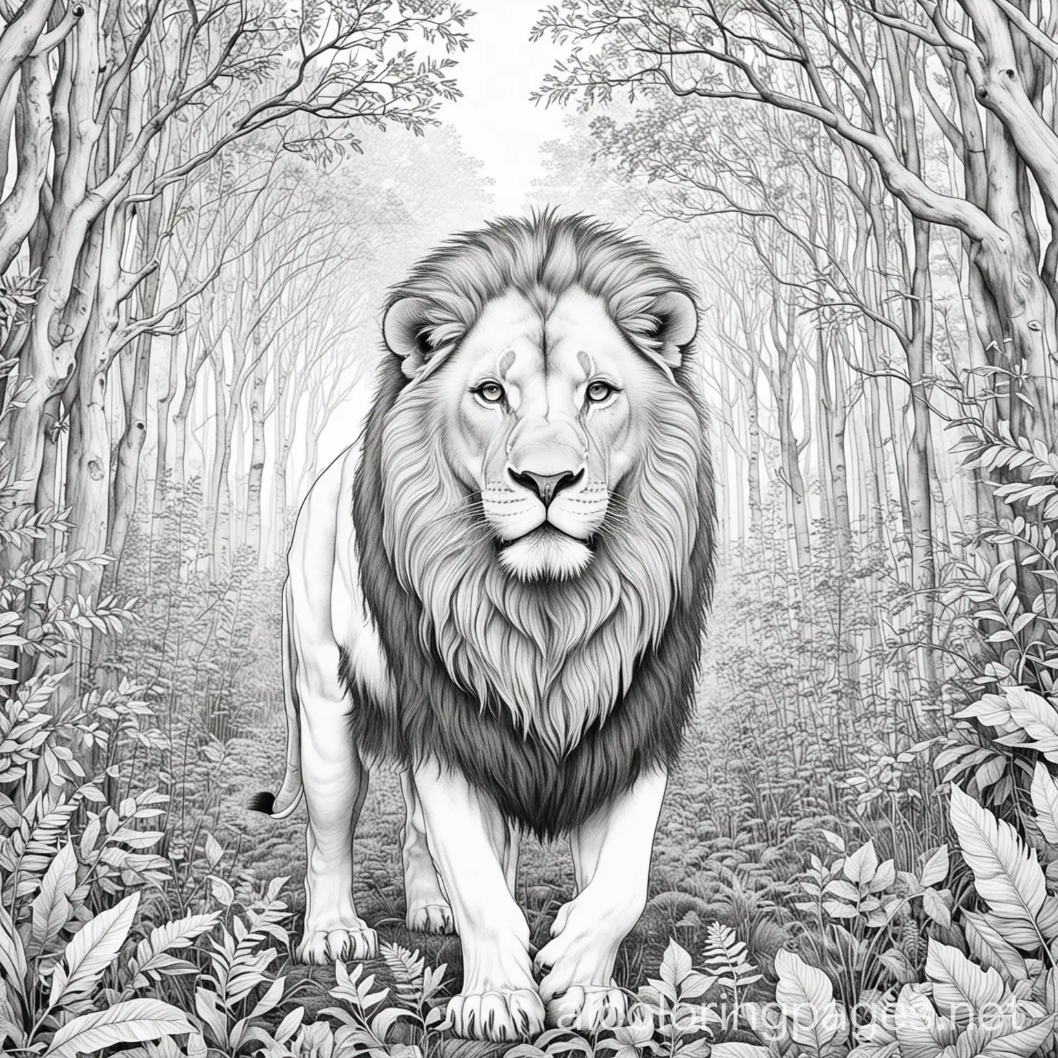 a lion in a forest, Coloring Page, black and white, line art, white background, Simplicity, Ample White Space. The background of the coloring page is plain white to make it easy for young children to color within the lines. The outlines of all the subjects are easy to distinguish, making it simple for kids to color without too much difficulty
