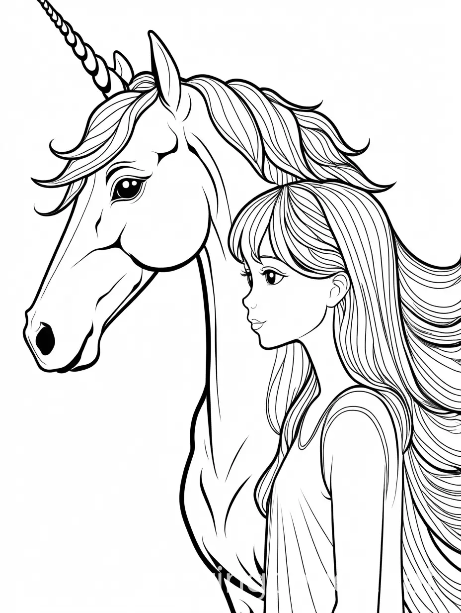 Unicorn and girl, Coloring Page, black and white, line art, white background, Simplicity, Ample White Space. The background of the coloring page is plain white to make it easy for young children to color within the lines. The outlines of all the subjects are easy to distinguish, making it simple for kids to color without too much difficulty