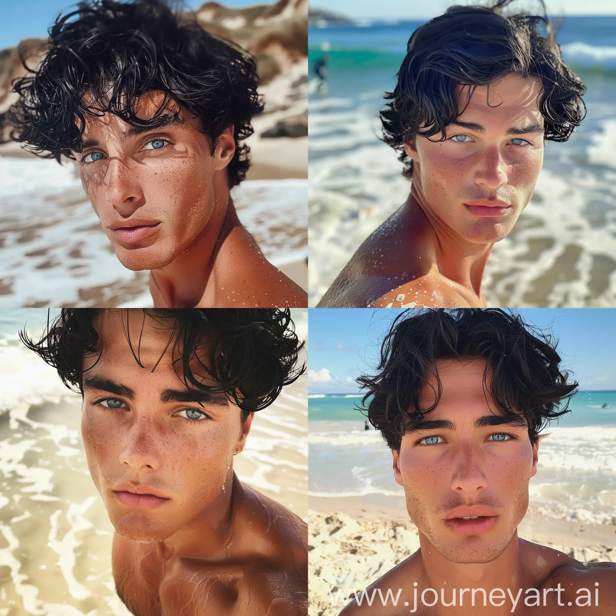 Muscular-19YearOld-Surfer-with-Long-Black-Hair-and-Ocean-Blue-Eyes-Catching-Waves-on-Beach