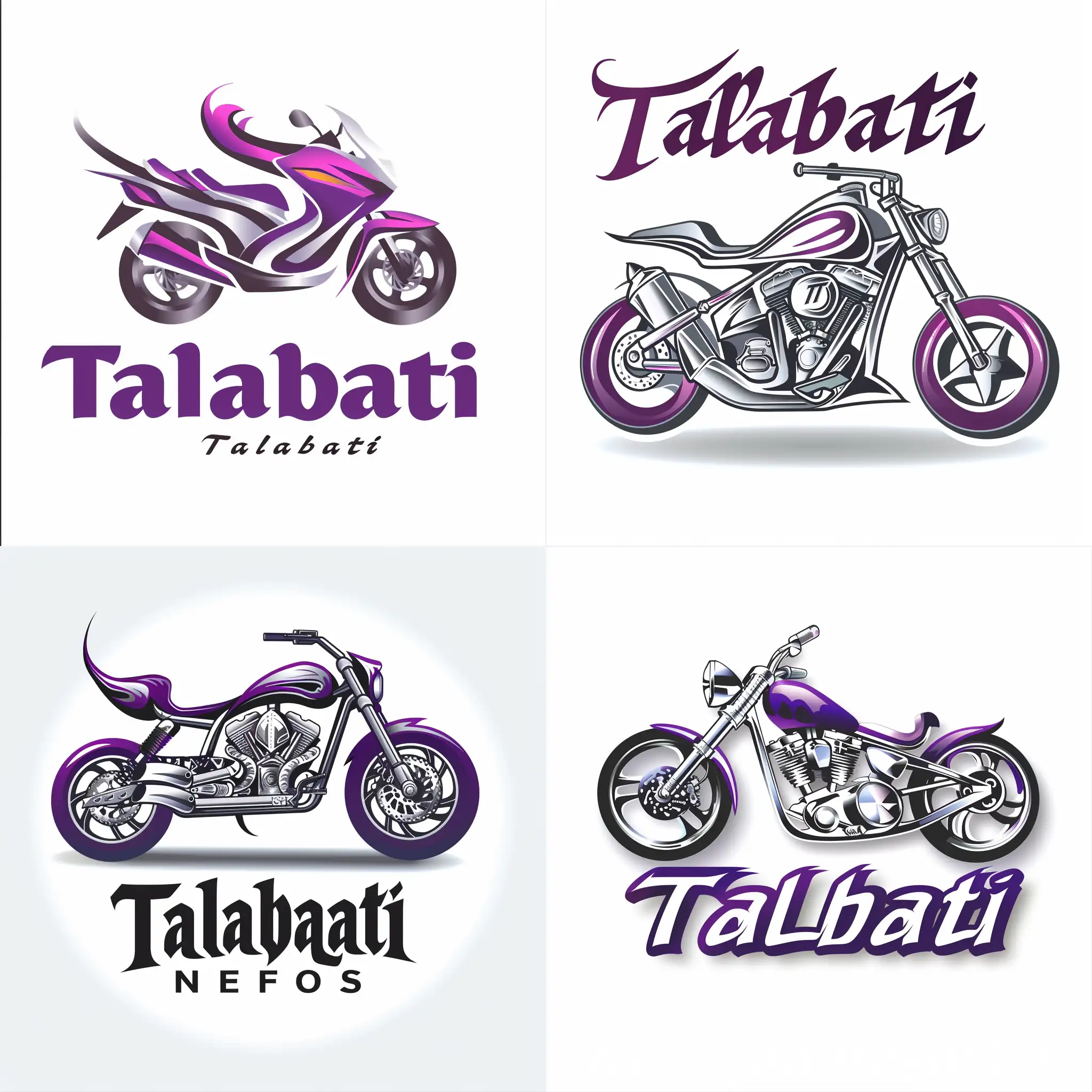 The image is a professional logo for a motorcycle delivery company. The image is supposed to be modern and more expressive of the name. The colors consist of purple and silver with the addition of the name “Talabati” along with the logo and a white background.