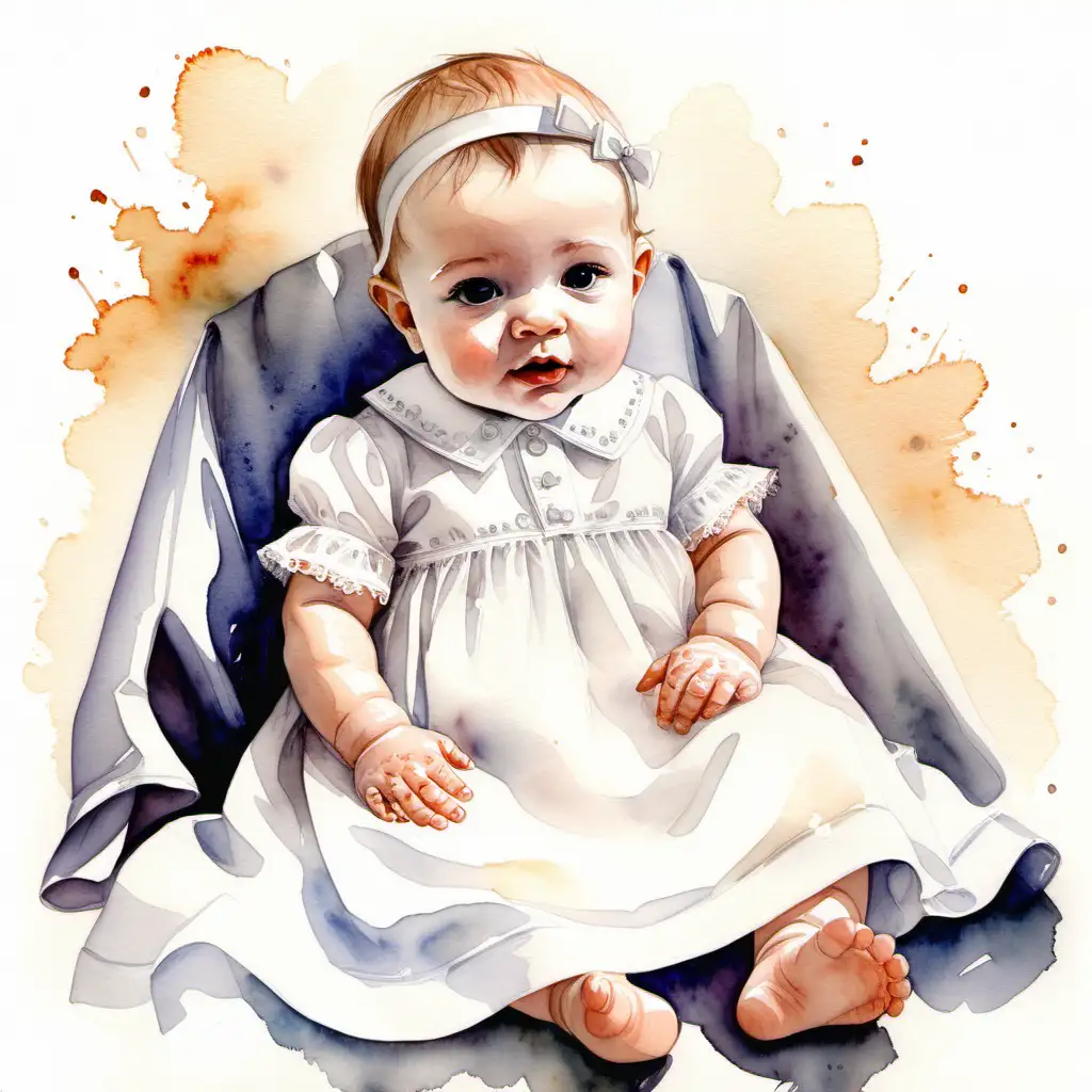 a cute little baby in a christening dress, in watercolor