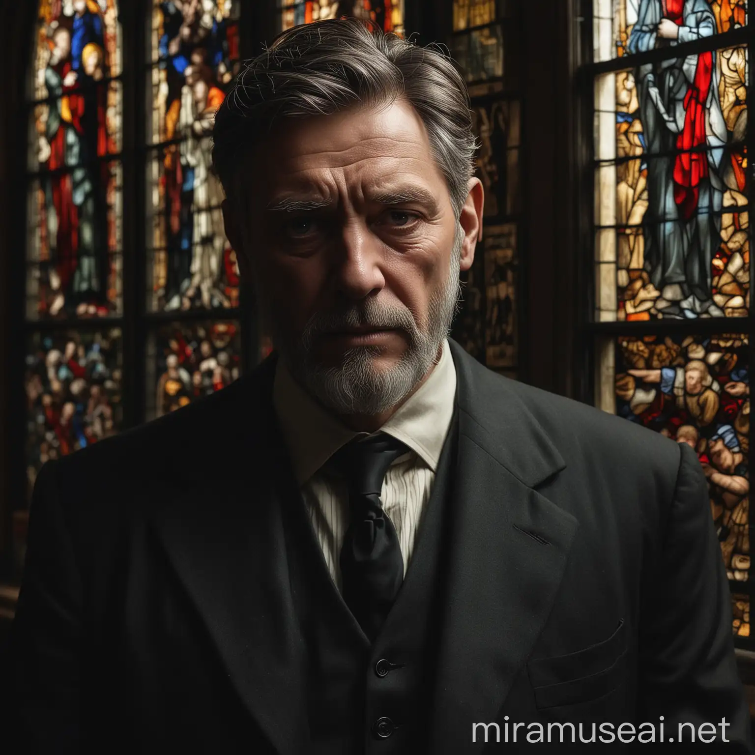 Create a visually striking artwork depicting a dark, somber scene in a dimly lit church library, with traditional stained glass windows as the sole light source. The focal point is a tall, broad, and stocky man in his early 60s, with black hair streaked with silver and a round belly. He is casually dressed in a slightly rumpled suit, exuding a stern and brooding presence.

His face and clothes should be highly realistic, showing details like age lines, wrinkles, and fabric texture. He has small hazel eyes, a large nose, big ears, a rounded face with a double chin, and a short beard. His posture is firm, shoulders back, conveying confidence and strength.

The scene is dark, with the stained glass windows casting colorful, muted hues onto his face and suit, creating an ethereal atmosphere. The interplay of light and shadow enhances his contemplative state, emphasizing solitude and introspection. The windows depict traditional biblical scenes, adding historical and spiritual depth.

The overall palette is dark, with vibrant touches of color from the stained glass. The scene should evoke quiet strength and the enduring role of the "man of the house," highlighted by the sacred light from the stained glass, creating a vivid and immersive experience for the viewer.