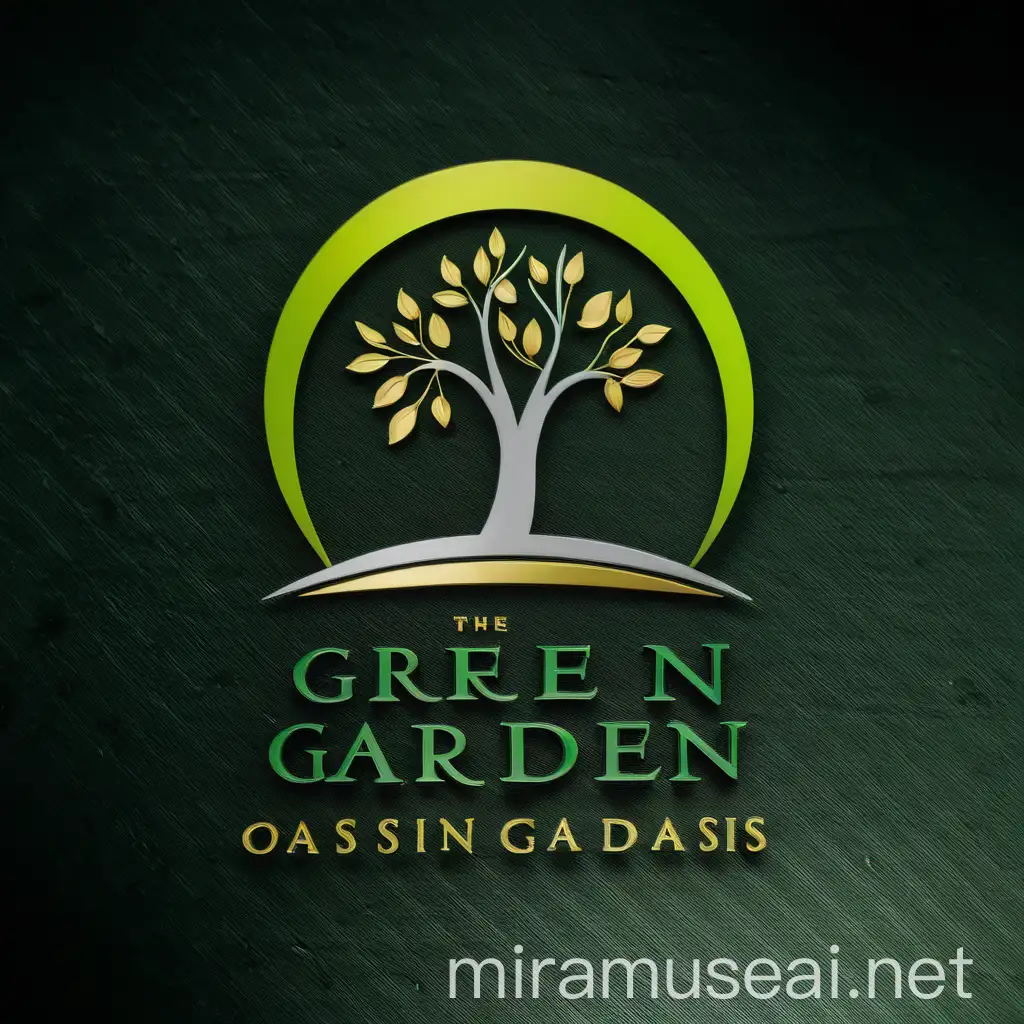 The logo is called "Green Garden Oasis", in dark green and gold colors, and the name is in white.