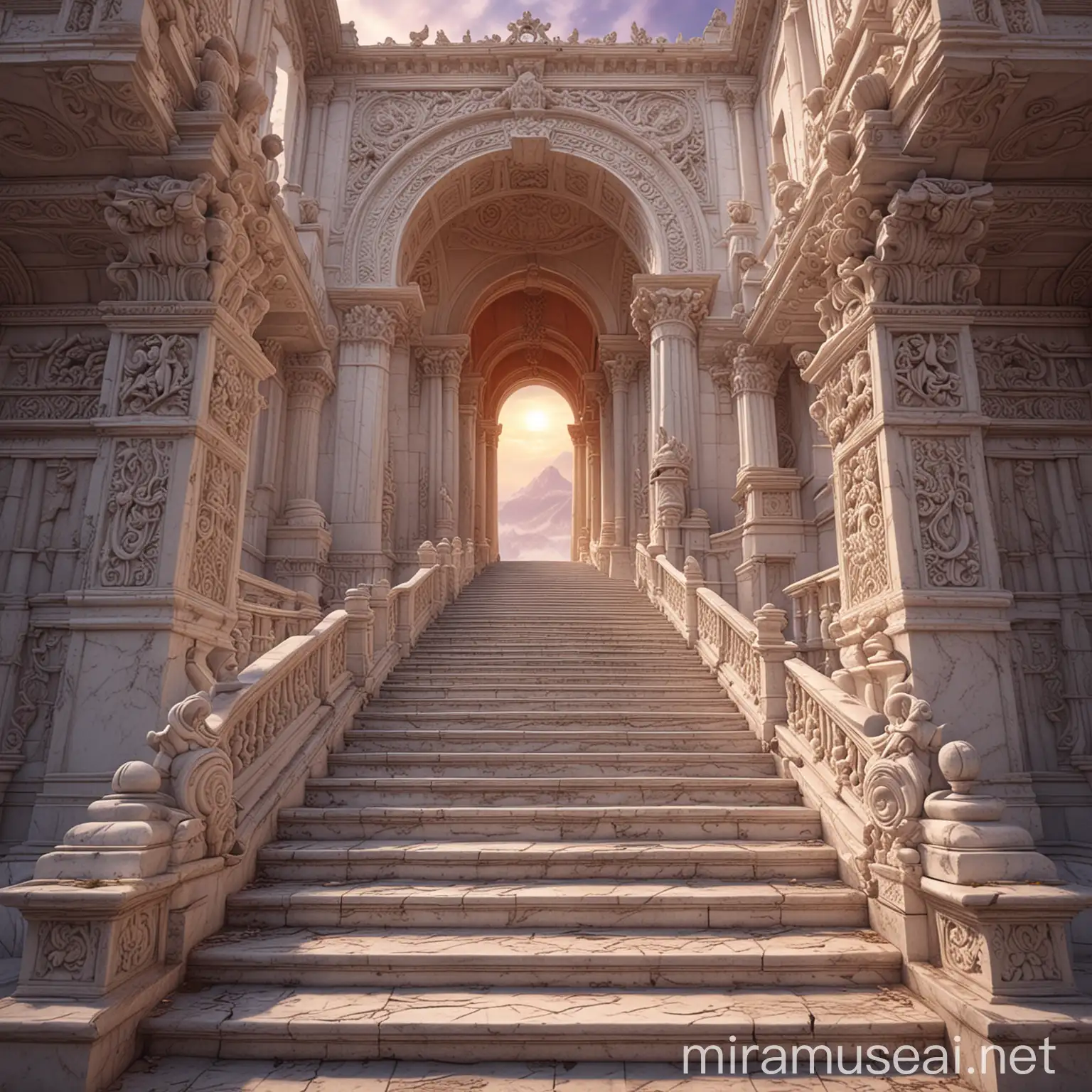 A photorealistic image of a majestic stairway leading up to a high vast and majestic kingdom. The stairway is made of white marble with intricate carvings on the sides. The steps are wide and grand, leading upwards towards a kingdom shrouded in mist. The kingdom is perched on a mountaintop, with tall towers and spires piercing the clouds. The sky is a vibrant orange and purple sunset, casting a warm glow on the entire scene.  Focus on the details of the stairway and the grandeur of the kingdom in the distance.