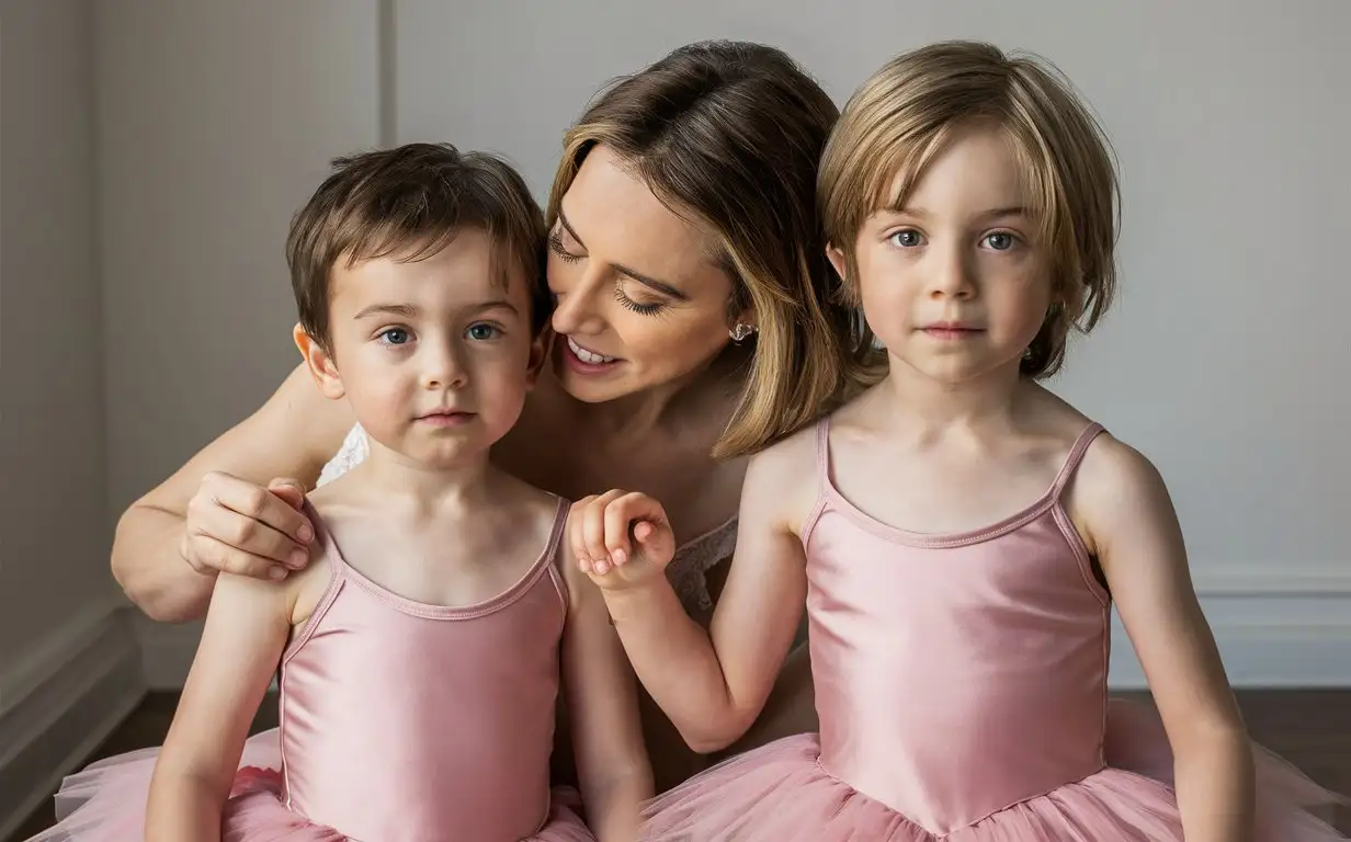 Gender role-reversal, Photograph of a mother dressing her two young sons, a 6-year-old boy with short mousy hair, and a 8-year-old boy with shoulder length blonde hair, up in pink ballerina dresses, adorable, perfect children faces, perfect faces, clear faces, perfect eyes, perfect noses, smooth skin