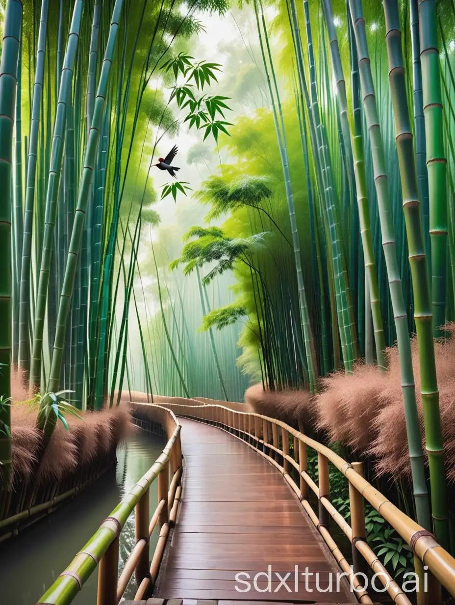 In the heart of a Japanese bamboo forest, a solitary bird perches gracefully upon a weathered wooden path, its surroundings alive with the ((whisper)) of bamboo leaves. As one ventures deeper into the bamboo thicket, the path unfolds like a ((blossoming)) trail leading towards the heavens, surrounded by the majestic presence of towering bamboo stalks. Each step taken on this ((beautiful)) pathway is a journey into the lush embrace of nature, where the verdant hues of the forest canopy form a ((green)) alleyway overhead. Lost amidst the tranquil depths of the bamboo wood, one finds themselves entranced by the ((timeless)) allure of this enchanting landscape, where every element is woven from the very fabric of bamboo's ((grace)) and ((elegance)).