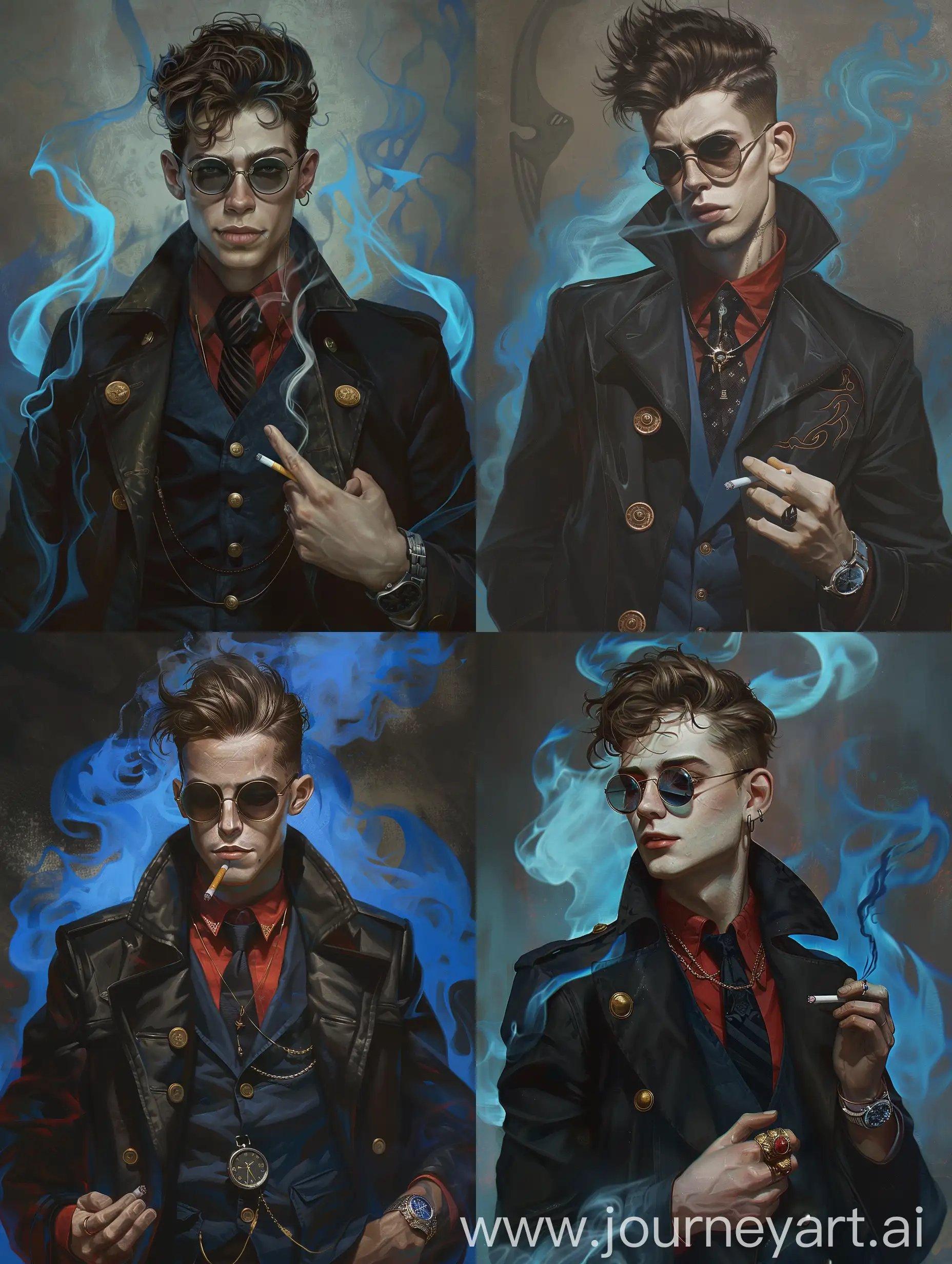 Young-Man-Smoking-with-Mechanical-Wristwatch-and-Sapphire-Ring-Amidst-Blue-Flames