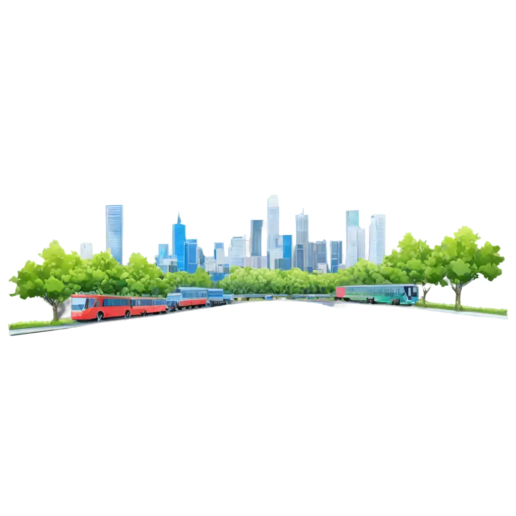 Illustration of a city skyline with greenery and eco-friendly transportation modes.