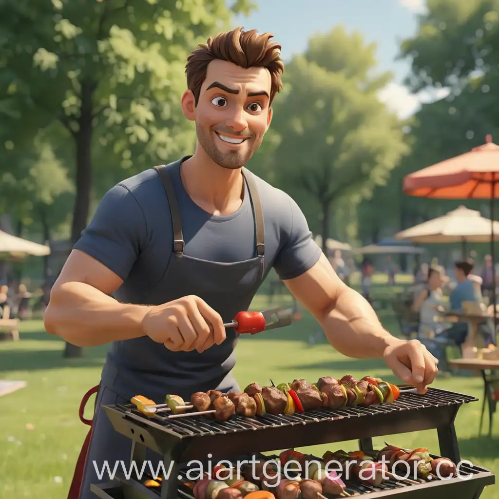 Animated-Attractive-Man-Grilling-Shashlik-in-Park