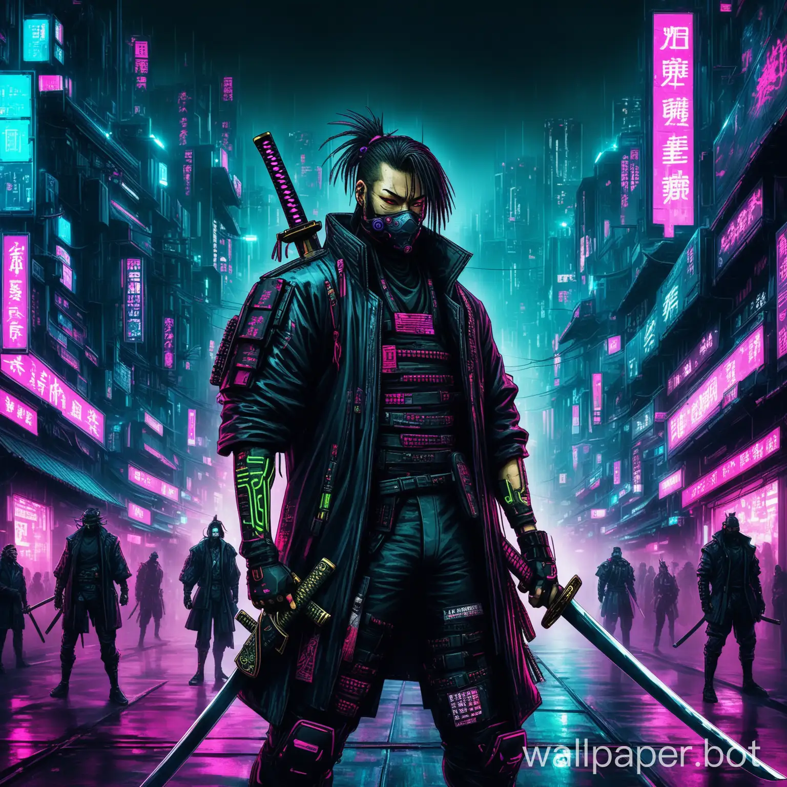Cyberpunk, samurai, in a night city, with a katana