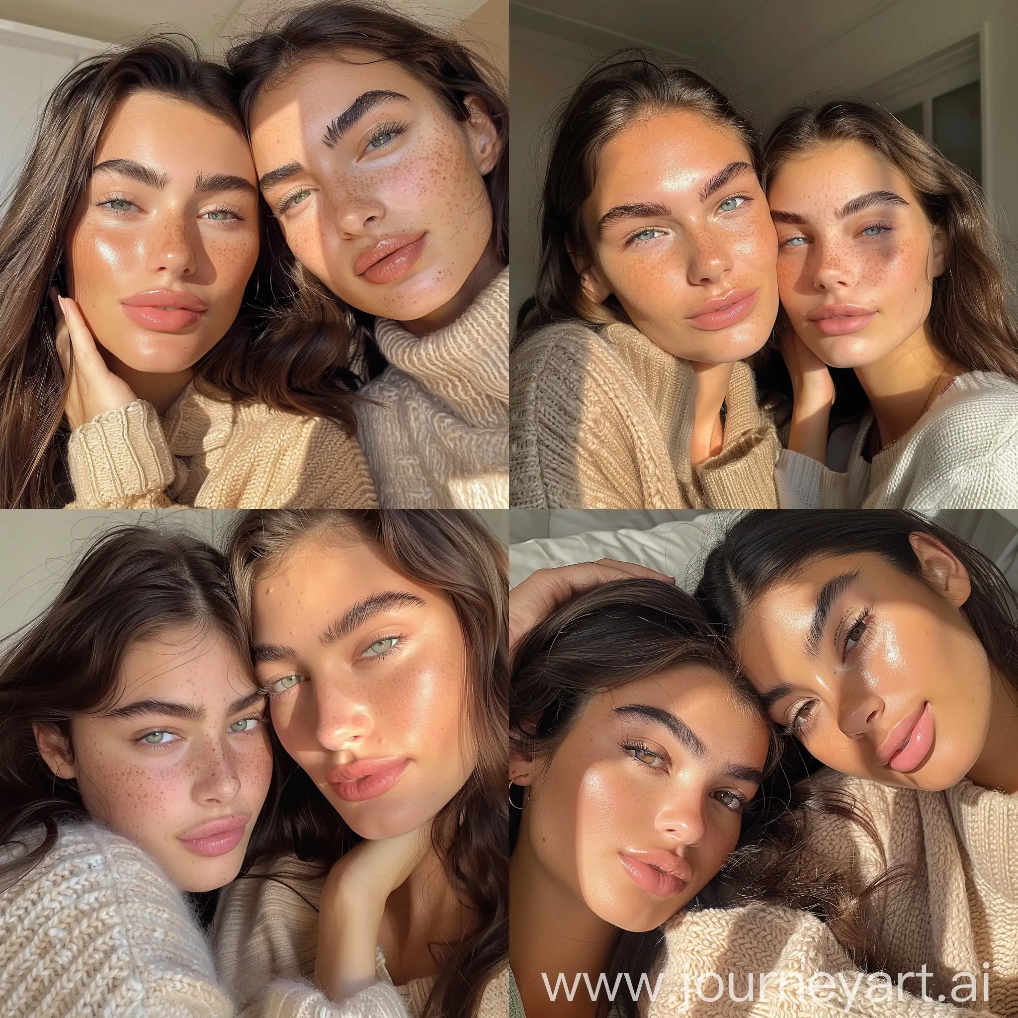 Aesthetic Instagram selfie of a mother with her teenage daughter, cozy vibes, warm brown color tones, super model faces, gorgeous, bushy thick eyebrows