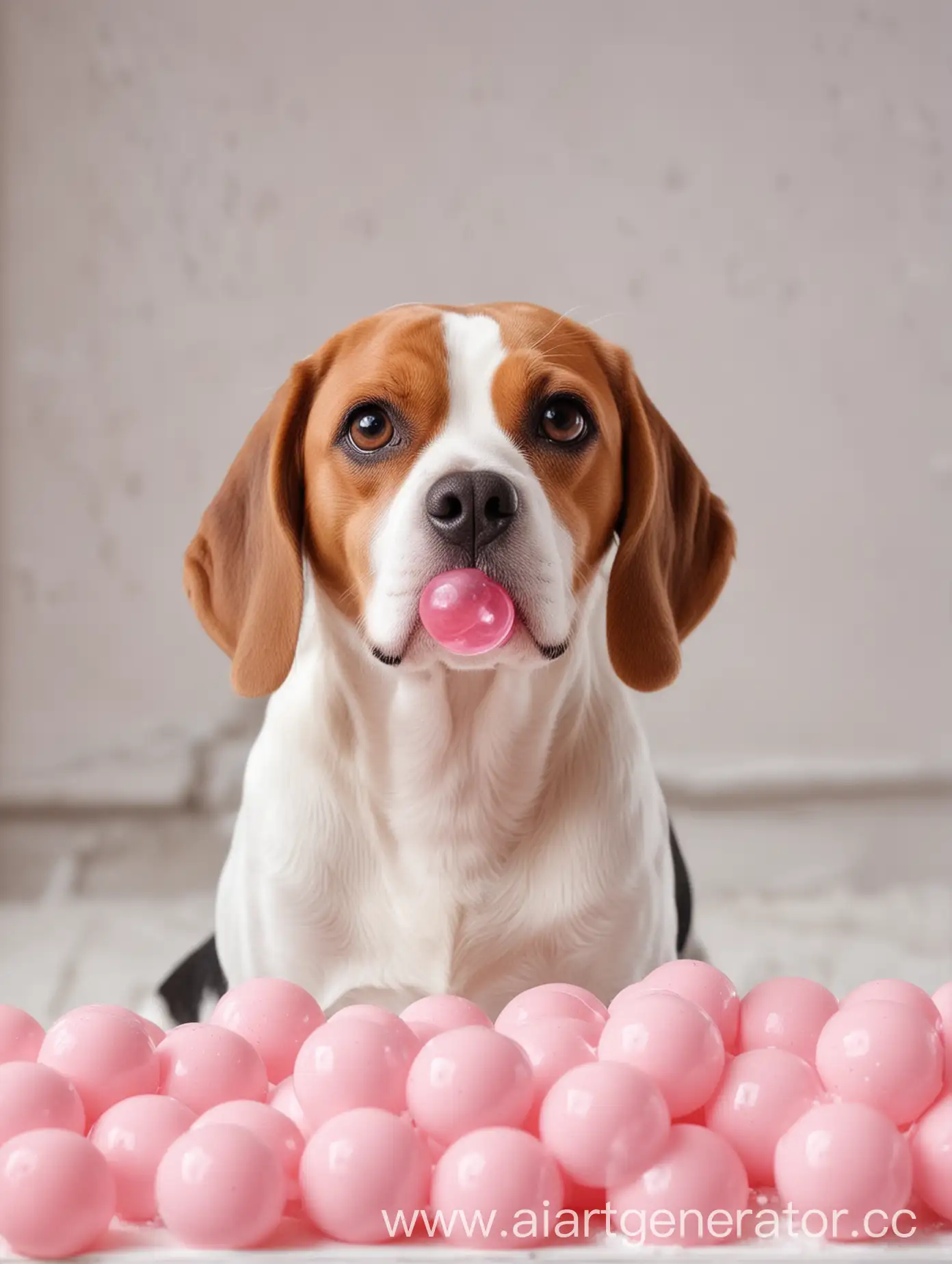 в белой комнате собака породы бигль смотрит в камеру, вокруг неё розовые пузыри из жвачки